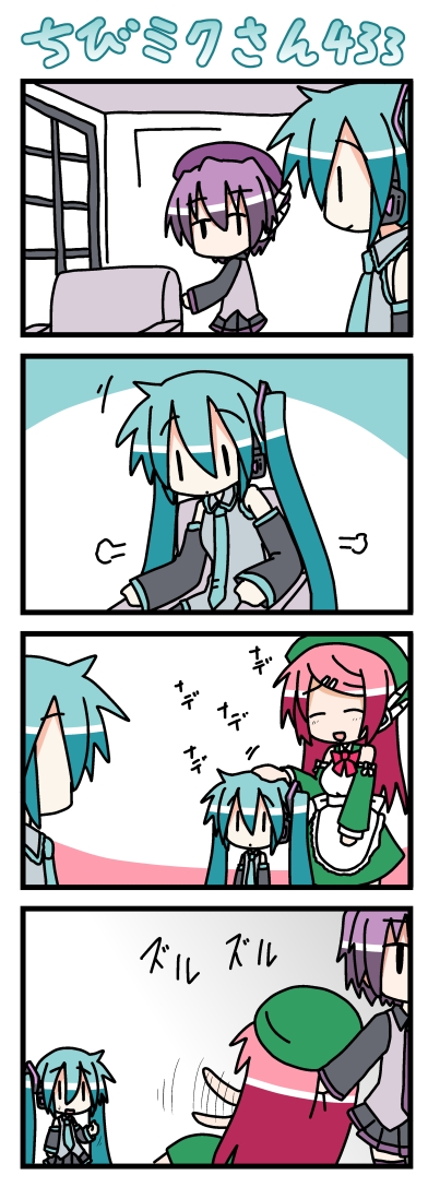 minami (colorful palette), chibi miku, hatsune miku, momone momo, utane uta, utau, vocaloid, long image, tall image, 4koma, blush, chair, chibi, comic, headpat, silent comic, twintails, waving, | |