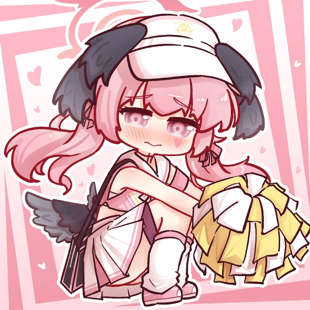 nuansede kekeya, koharu (blue archive), blue archive, photo-referenced, 1girl, 3:, alternate costume, armband, bag, bare shoulders, black wings, blush, cheerleader, chibi, closed mouth, crop top, facial mark, feathered wings, full body, halo, hat, head wings, heart, holding, holding pom poms, kneehighs, knees up, long hair, looking at viewer, loose socks, low twintails, low wings, nose blush, outline, pink background, pink eyes, pink hair, pink halo, pink shirt, pink skirt, pleated skirt, pom pom (cheerleading), pom poms, sailor collar, shirt, shoes, shoulder bag, skirt, sleeveless, sleeveless shirt, socks, solo, squatting, twintails, wavy mouth, white outline, white sailor collar, white skirt, white socks, wings