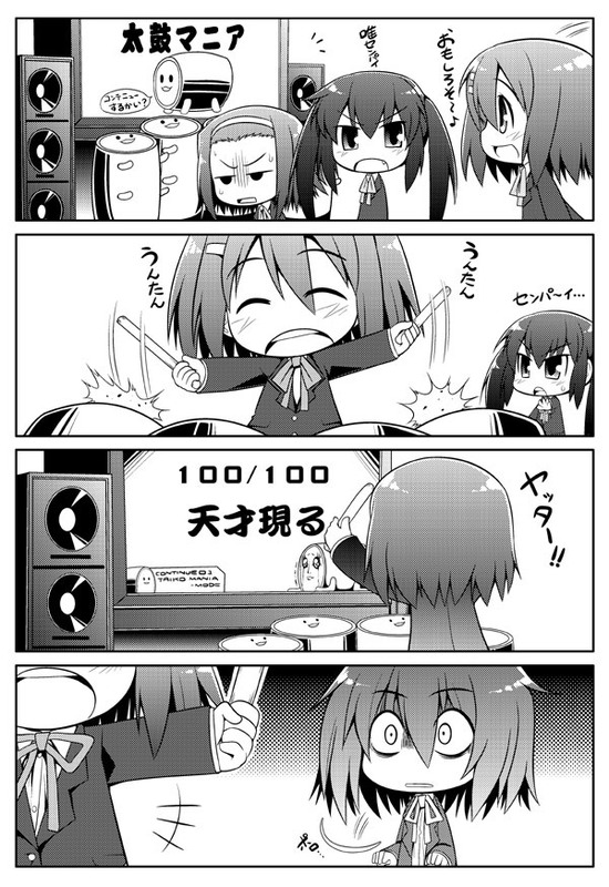 serebi ryousangata, hirasawa yui, nakano azusa, tainaka ritsu, k-on!, taiko no tatsujin, bad id, bad pixiv id, translation request, 3girls, 4koma, ^ ^, closed eyes, comic, constricted pupils, crazy eyes, drum, drumsticks, fang, food, greyscale, instrument, monochrome, multiple girls, open mouth, playing games, school uniform, short hair, speaker, taiko, taiko drum, turn pale, twintails, un tan, video game