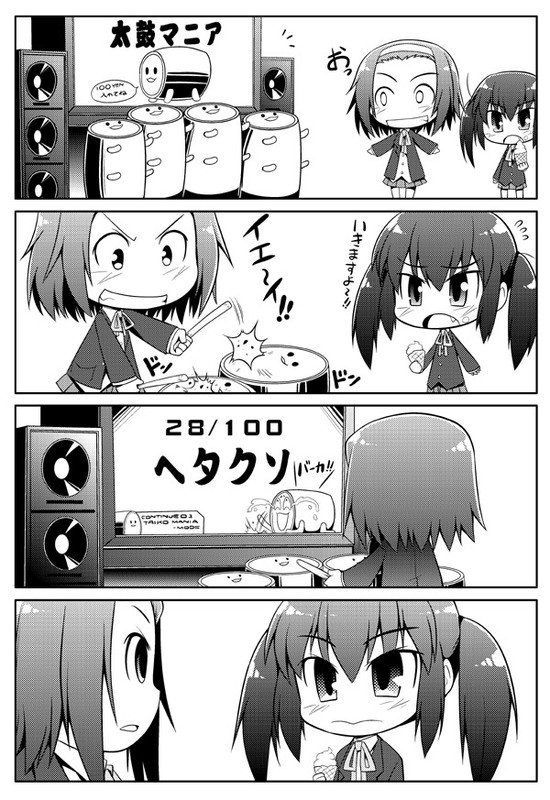 serebi ryousangata, nakano azusa, tainaka ritsu, k-on!, taiko no tatsujin, bad id, bad pixiv id, translation request, 4koma, comic, drum, drumsticks, food, greyscale, ice cream, instrument, monochrome, playing games, school uniform, short hair, taiko, taiko drum, twintails, video game