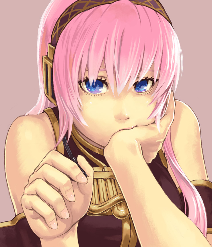 yuuji (and), megurine luka, vocaloid, bad id, bad pixiv id, 1girl, bare shoulders, blue eyes, bored, eyelashes, female focus, head rest, long hair, pink hair, simple background, solo