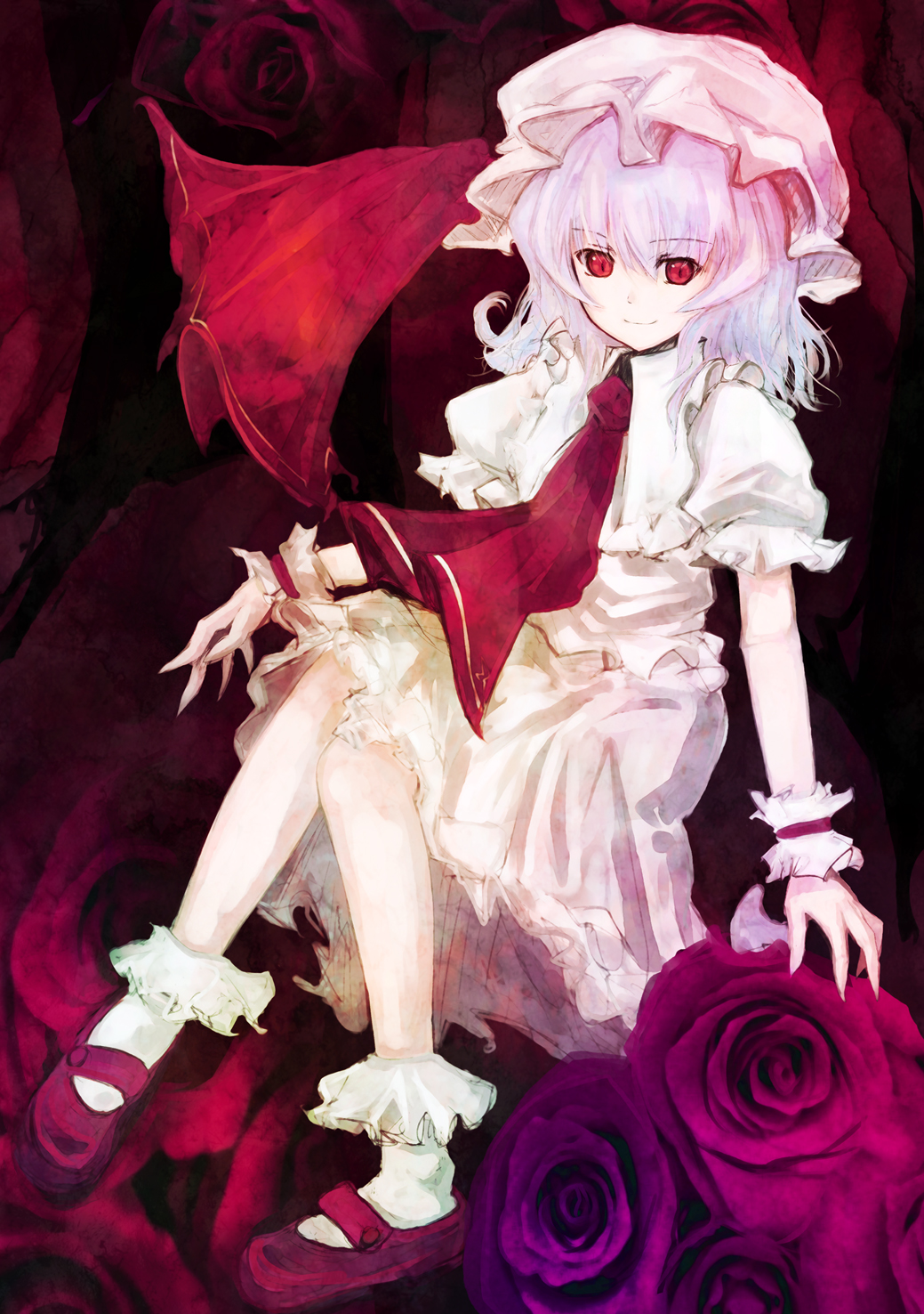 asagi (kabocha oukoku), asagi shii, hisago (pixiv), remilia scarlet, touhou, light purple hair, bad id, bad pixiv id, highres, 1girl, bobby socks, female focus, flower, hat, mary janes, purple flower, purple rose, red eyes, rose, shoes, short hair, sitting, smile, socks, solo, wrist cuffs