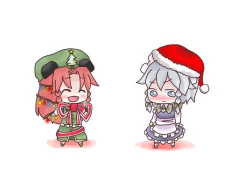 nuime, hong meiling, izayoi sakuya, touhou, bad id, bad pixiv id, lowres, 2girls, :d, :|, ^ ^, blush, bow, chibi, christmas, closed eyes, closed mouth, female focus, hat, multiple girls, numie, open mouth, ribbon, santa hat, smile