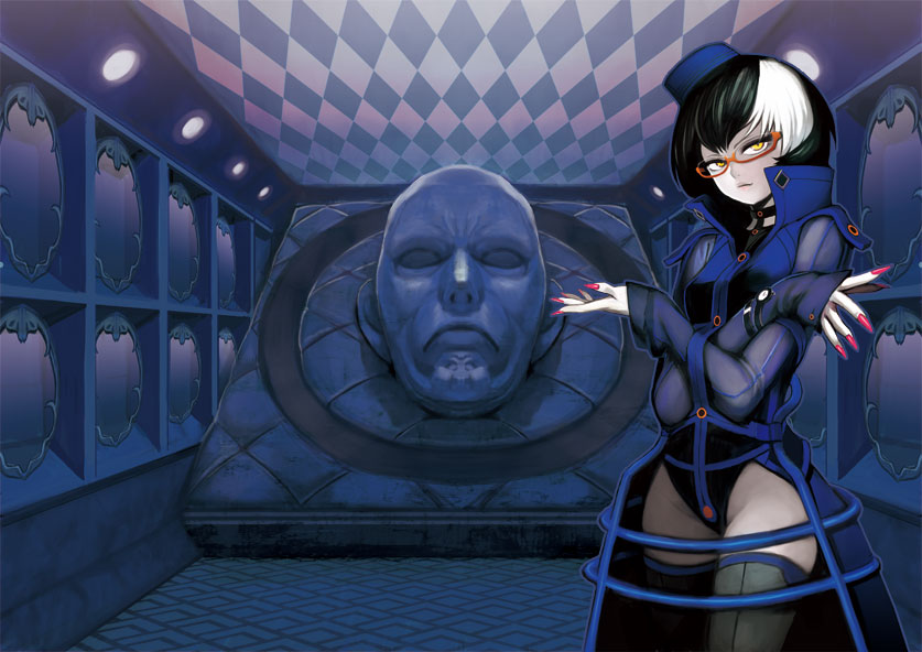 kodama yuuki, atlus, shin megami tensei, 1girl, female focus, glasses, hat, leotard, multicolored hair, nail polish, pink nails, solo, thighhighs, yellow eyes