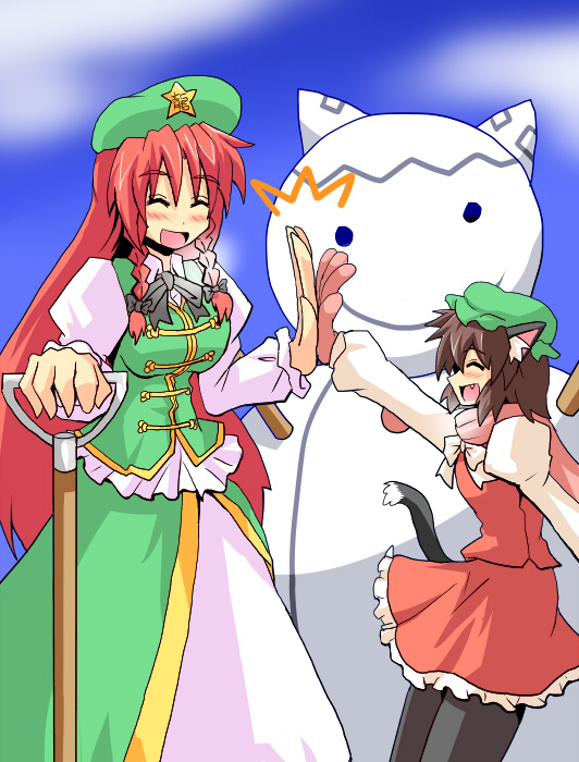 haruka (pixiv23275), harukatron, chen, hong meiling, touhou, 2girls, animal ears, cat ears, cat girl, fang, female focus, hat, multiple girls, pantyhose, short hair