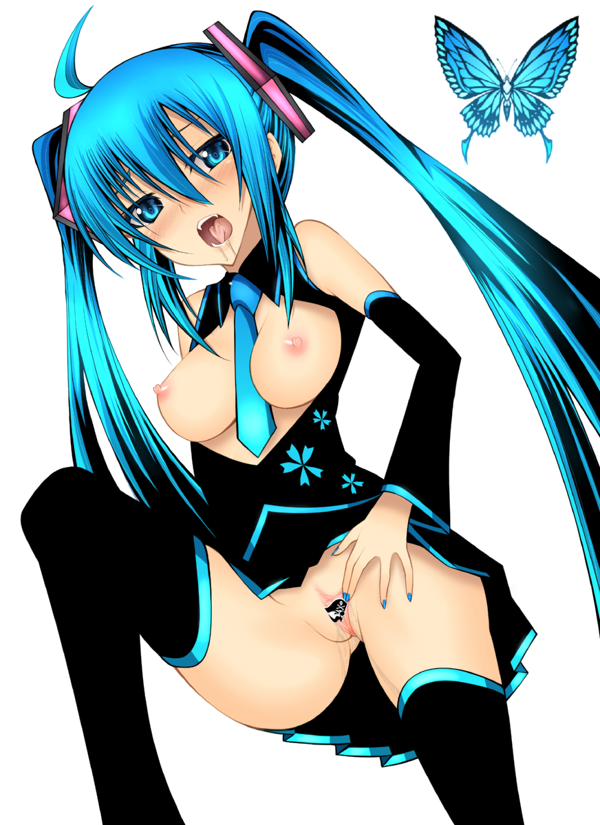 daive, hatsune miku, jump logo, vocaloid, bad id, bad pixiv id, highres, 1girl, ahoge, aqua eyes, aqua hair, blush, breasts, bug, butterfly, censored, detached sleeves, fangs, female focus, insect, long hair, nipples, novelty censor, nude, open mouth, pirate, pointless censoring, pussy, saliva, simple background, skirt, solo, thighhighs, twintails, very long hair, zettai ryouiki