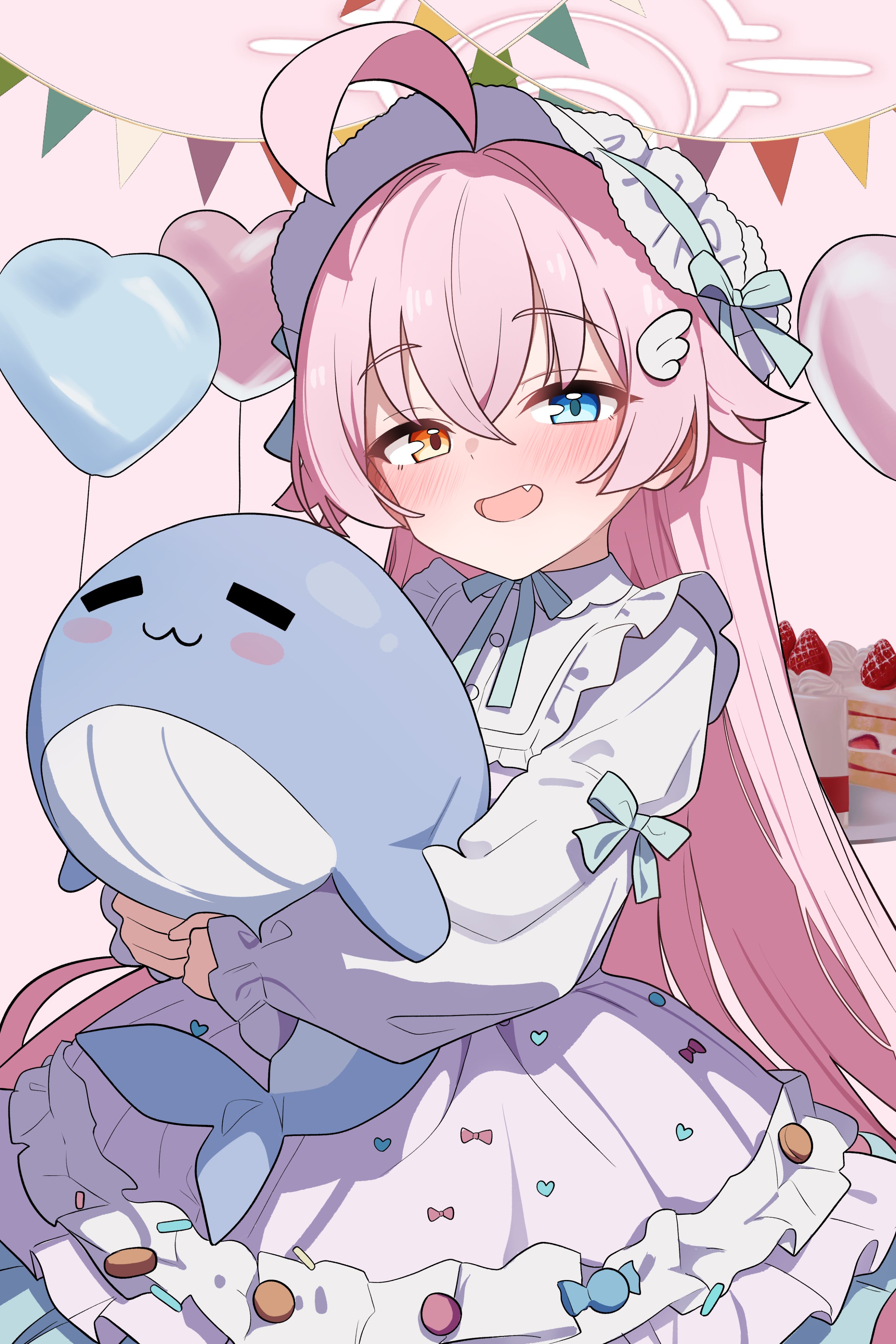 saho 4545, hoshino (blue archive), blue archive, absurdres, commentary request, highres, korean commentary, textless version, 1girl, ahoge, alternate costume, balloon, blue eyes, blue ribbon, blush, bonnet, cake, cowboy shot, dress, fang, food, frilled dress, frilled skirt, frills, hair between eyes, hair ornament, halo, happy birthday, hat, hat ribbon, heart balloon, heterochromia, holding, holding stuffed toy, hugging object, long hair, long sleeves, looking at viewer, neck ribbon, open mouth, pac-man eyes, pink background, pink hair, pink halo, plate, ribbon, simple background, skirt, sleeve ribbon, sleeves past wrists, smile, solo, stuffed animal, stuffed toy, stuffed whale, white bonnet, white dress, wing hair ornament, yellow eyes
