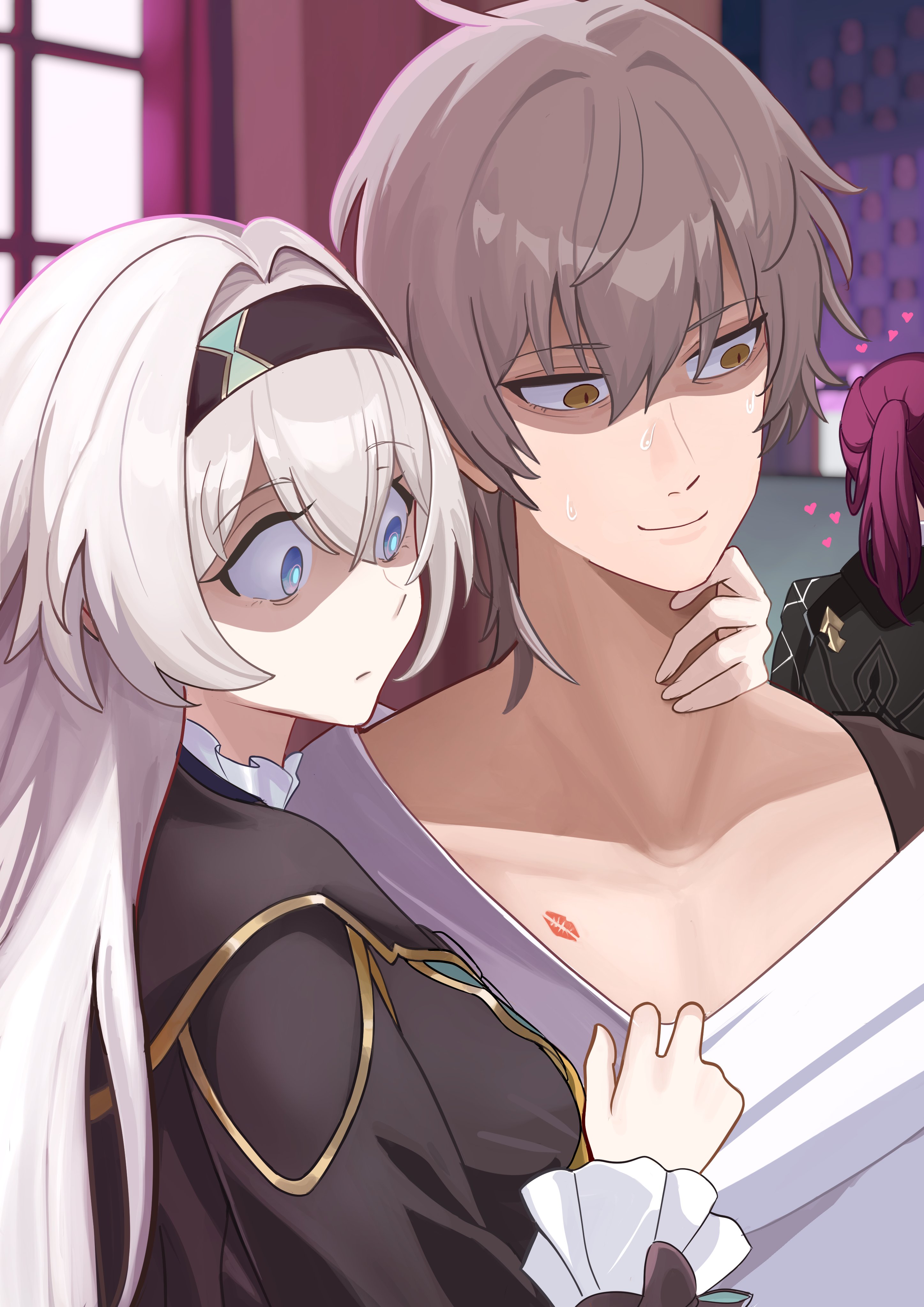 manjirou (manji illust), caelus (honkai: star rail), firefly (honkai: star rail), kafka (honkai: star rail), trailblazer (honkai: star rail), honkai: star rail, honkai (series), absurdres, commentary request, highres, 1boy, 2girls, after kiss, black jacket, blue pupils, collarbone, gradient eyes, grey hair, hair intakes, hairband, hand around neck, heart, jacket, kiss, long hair, multicolored eyes, multiple girls, purple hair, shaded face, shirt, shirt tug, sweat, two-tone eyes, upper body, white shirt, wide-eyed, window, yellow eyes
