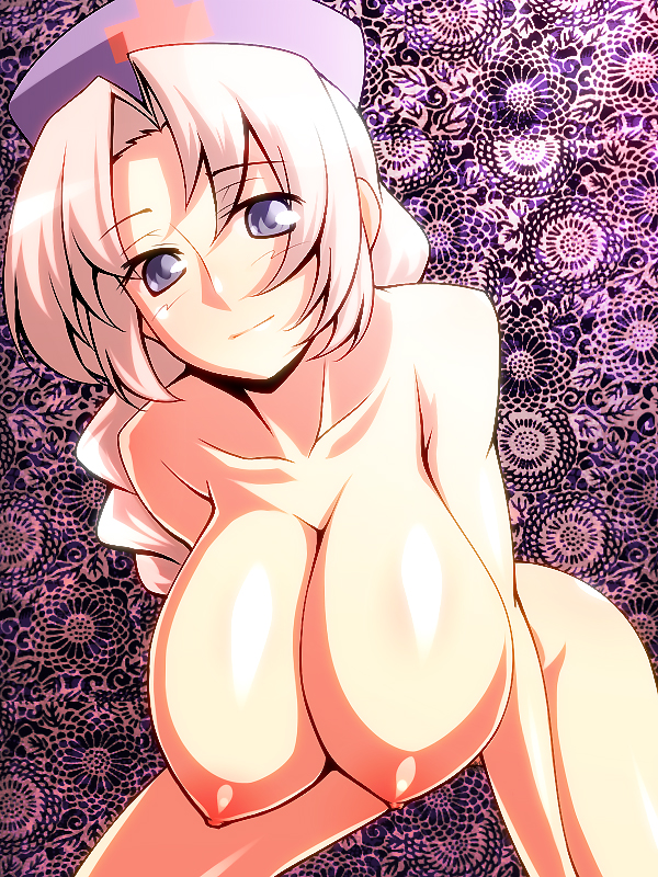 tro (trombe), yagokoro eirin, touhou, 1girl, blue eyes, braid, breasts, collarbone, completely nude, female focus, hanging breasts, hat, huge breasts, leaning forward, long hair, looking at viewer, nipples, nude, single braid, solo, white hair