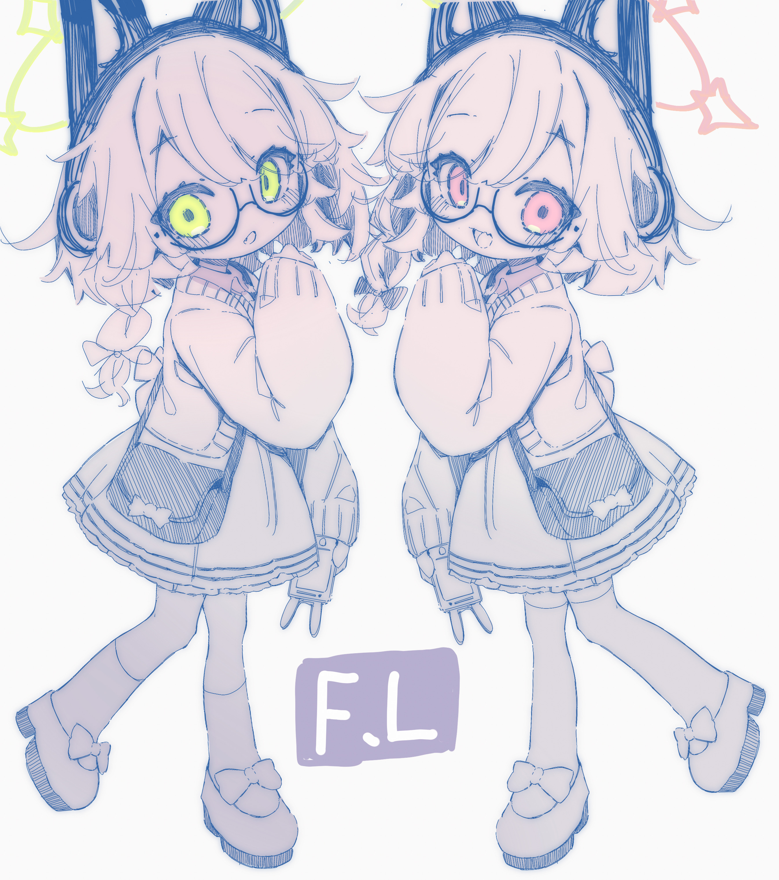 midori (blue archive), momoi (blue archive), blue archive, absurdres, chinese commentary, commentary request, highres, 2girls, :d, alternate costume, alternate hairstyle, animal ear headphones, animal ears, artist name, bag, bespectacled, blush, bow, braid, cardigan, cat ear headphones, cat ears, cellphone, collared shirt, fake animal ears, fang, fl-feiling, footwear bow, frilled skirt, frills, full body, glasses, green eyes, green halo, hair bow, halo, hand up, headphones, holding, holding phone, kneehighs, long hair, long sleeves, looking at viewer, monochrome, multiple girls, necktie, open cardigan, open clothes, open mouth, phone, pink eyes, pink halo, semi-rimless eyewear, shirt, shoes, shoulder bag, siblings, side braid, simple background, single braid, sisters, skin fang, skirt, sleeves past wrists, smartphone, smile, socks, spot color, standing, standing on one leg, thighhighs, twins, under-rim eyewear