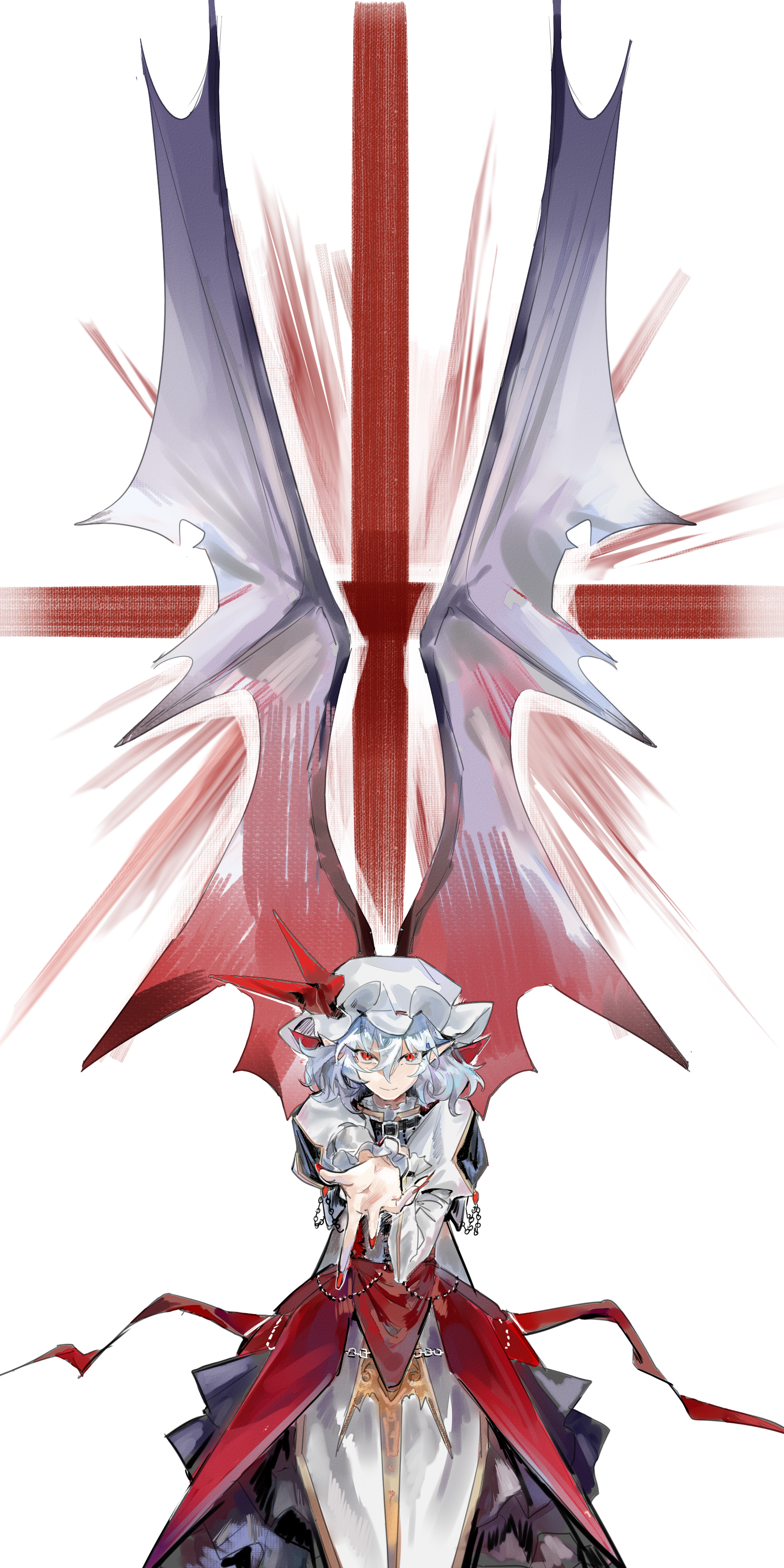 remilia scarlet, touhou, absurdres, chinese commentary, clothing request, commentary request, highres, 1girl, alternate costume, babaiwan fengchui, bat wings, black skirt, blue hair, closed mouth, fingernails, hat, hat ribbon, long fingernails, long sleeves, looking at viewer, mob cap, pointy ears, reaching, reaching towards viewer, red eyes, red nails, red ribbon, ribbon, shirt, simple background, skirt, smile, solo, white background, white hat, white shirt, wings