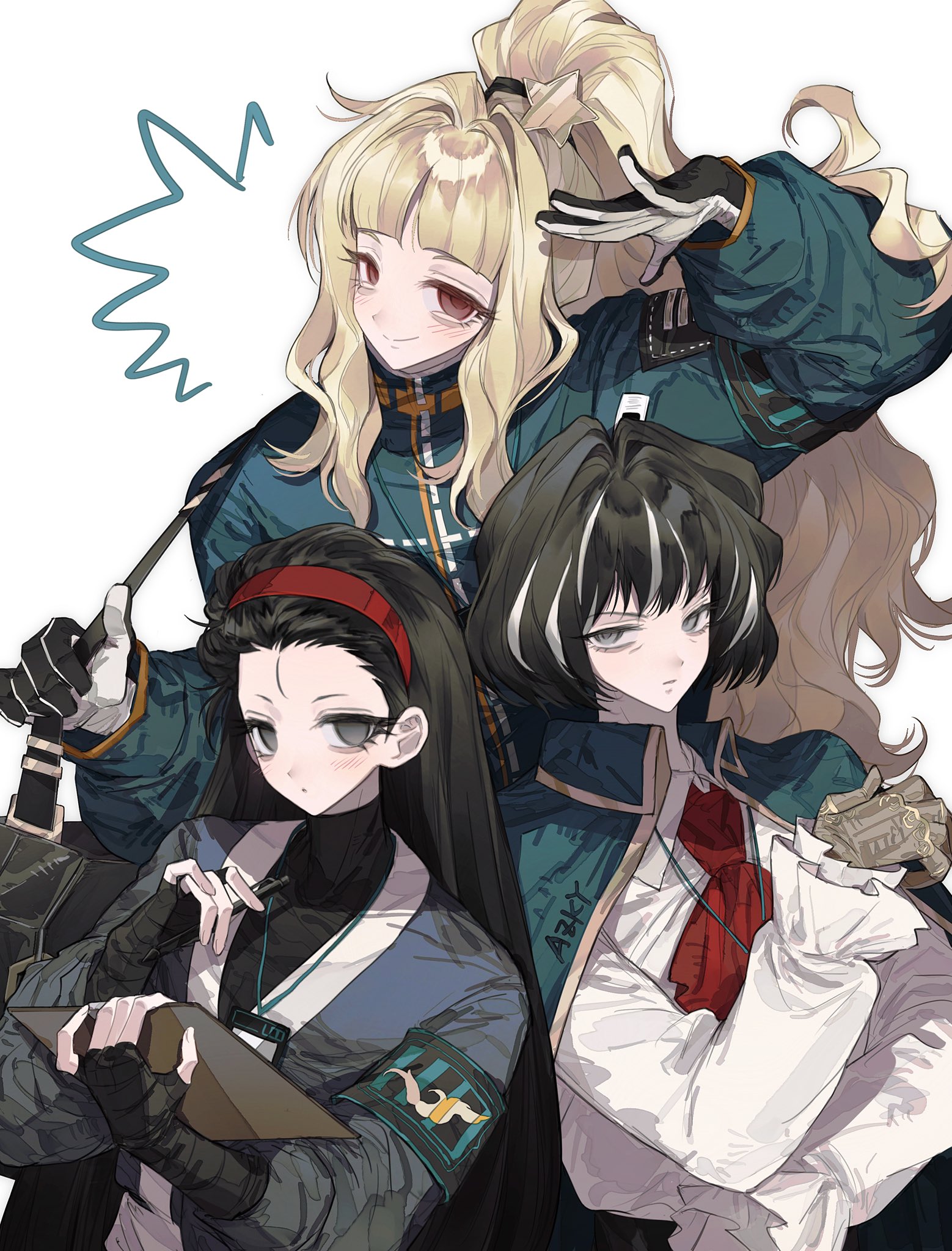 anzekeye, aeng-du (project moon), ezra (project moon), moses (project moon), limbus company, project moon, highres, 3girls, :o, black hair, black hairband, blonde hair, closed mouth, coat, fingerless gloves, frown, gloves, grey eyes, hair ornament, hair slicked back, hairband, headband, jacket, lanyard, long hair, long sleeves, looking at viewer, low-tied long hair, multicolored hair, multiple girls, neckerchief, ponytail, red eyes, red hairband, shirt, simple background, smile, star (symbol), streaked hair, the distortion detective, upper body, white background, white shirt