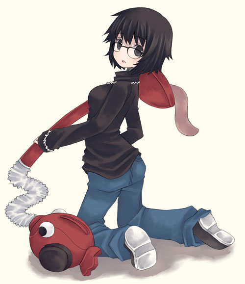 mitsu toki, mitsutoki, shizuku murasaki, hunter x hunter, denim, glasses, jeans, looking back, pants, solo, vacuum cleaner