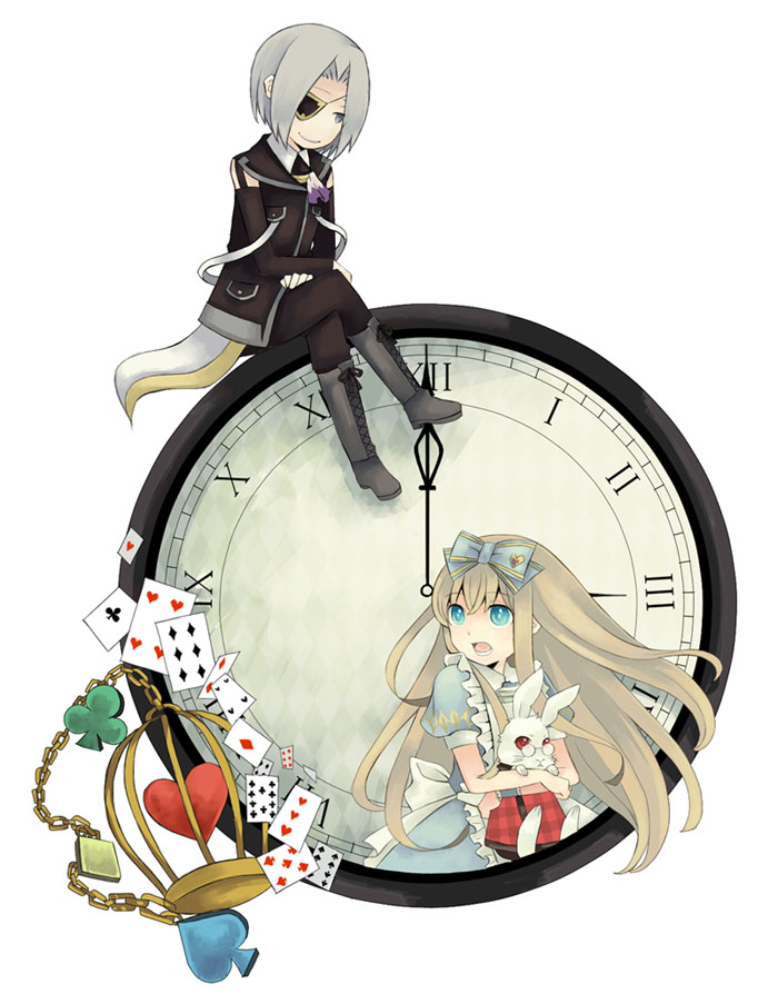 mitsu toki, mitsutoki, alice (alice in wonderland), alice liddell (kuni no alice), nightmare gottschalk, peter white, white rabbit (alice in wonderland), alice's adventures in wonderland, heart no kuni no alice, eyebrows, silver hair, 1boy, 1girl, :o, animal, apron, belt, blonde hair, blue bow, blue dress, blue eyes, boots, bow, cage, card, chain, clock, clothed animal, clubs, detached sleeves, diamond (shape), dress, eyepatch, grey eyes, hair bow, heart, heart print, hug, lace-up boots, long hair, long sleeves, looking back, open mouth, pants, parted bangs, playing card, puffy short sleeves, puffy sleeves, rabbit, red eyes, roman numeral, short hair, short sleeves, simple background, sitting, smile, spade, tail, very long hair, white apron, white background, wrist cuffs