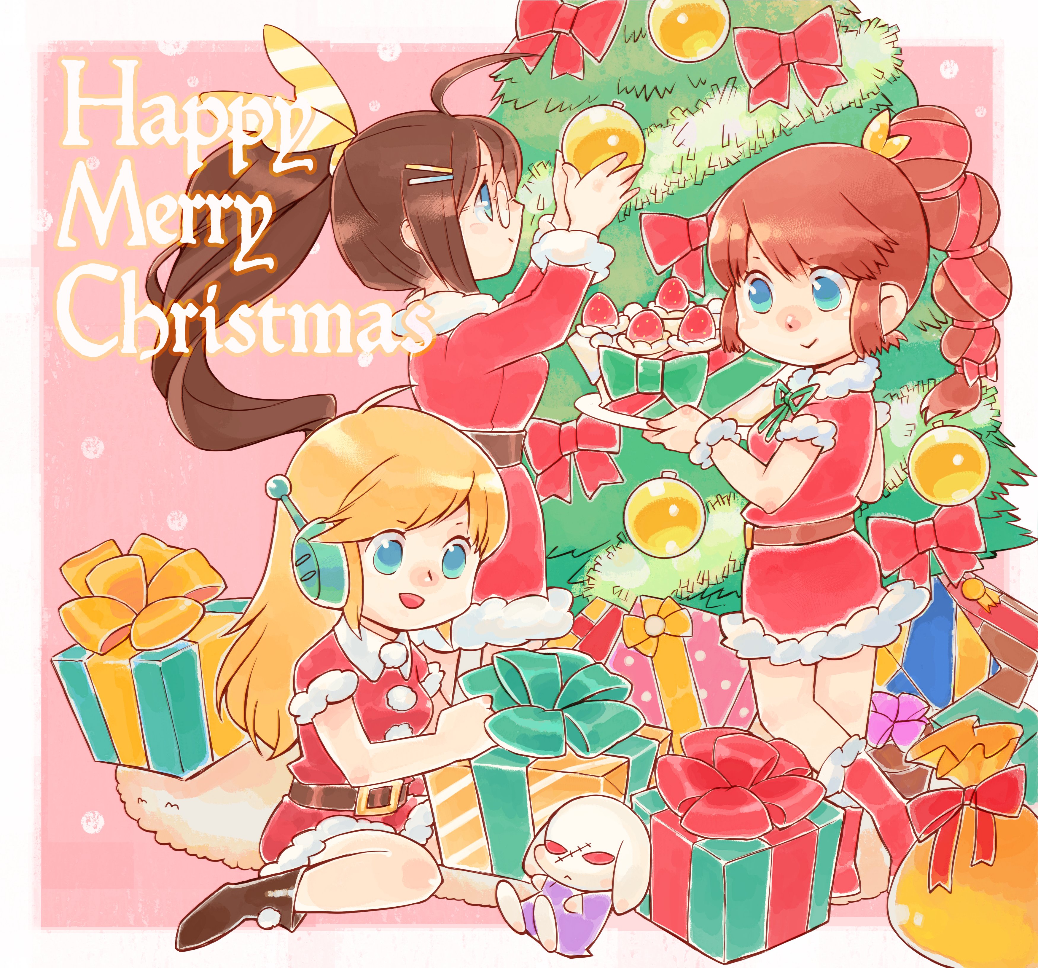 curly brace, helen (blade strangers), king (cave story), mimiga, remi (remilore), blade strangers, doukutsu monogatari, remilore ~shoujo to isekai to madousho~, absurdres, artist request, commentary, english commentary, highres, official art, second-party source, 3girls, :>, ahoge, alternate costume, ankle boots, belt, belt buckle, blonde hair, blue eyes, blush, boots, border, bow, box, breasts, brown belt, brown boots, buckle, cake, character doll, christmas, christmas ornaments, christmas tree, collared dress, colored sclera, company connection, crossover, doll, dress, english text, floppy ears, food, from side, fruit, fur-trimmed dress, fur-trimmed sleeves, fur collar, fur trim, fur wrist cuffs, gift, gift box, gold buckle, green bow, green ribbon, hair bow, hair ornament, hairclip, half updo, holding, holding box, holding gift, holding plate, lone nape hair, long hair, long sleeves, looking at another, low-tied long hair, medium breasts, medium dress, merry christmas, multiple girls, nose blush, open mouth, pine tree, pink background, plate, pom pom (clothes), ponytail, profile, purple sleeves, red boots, red bow, red dress, red ribbon, red sclera, red sleeves, ribbon, rimless eyewear, robot ears, round eyewear, rug, sack, santa costume, scar, scar on face, short dress, short sleeves, sidelocks, snowing, straight hair, strawberry, swept bangs, tree, very long hair, white border, wing collar, winged hair ornament, wrist cuffs, yellow bow