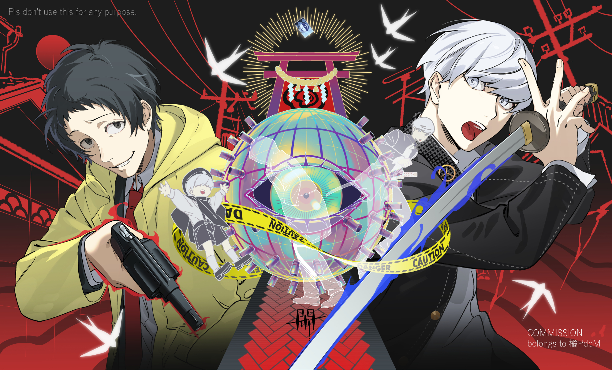 shizuka2613, adachi tooru, ameno sagiri (persona), narukami yu, persona, persona 4, commentary, commission, highres, 2boys, bird, black eyes, black hair, black hat, card, caution tape, coat, eyelashes, grey eyes, grey hair, grin, gun, hat, holding, holding gun, holding sword, holding weapon, hood, hood down, katana, male focus, multiple boys, multiple views, necktie, new nambu m60, open mouth, red necktie, school uniform, shirt, smile, sword, tarot, tarot card, torii, utility pole, weapon, white shirt, yasogami school uniform, yellow coat