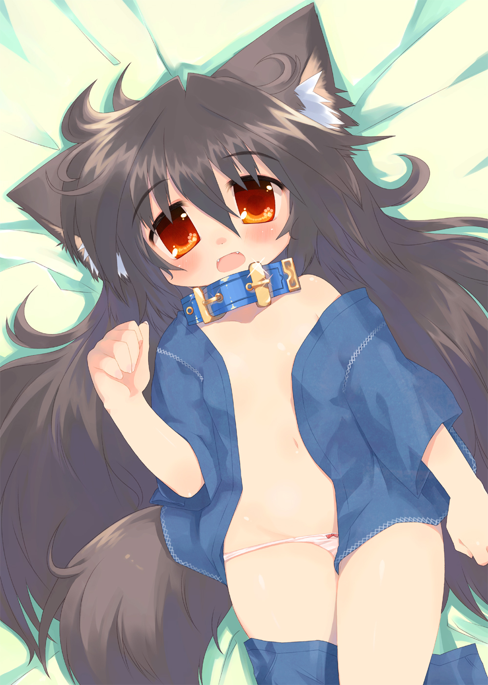 toba hiyoko, kannagi cocoa, original, highres, 1girl, animal ears, blush, bow, bow panties, brown hair, clothes pull, collar, fangs, female focus, flat chest, legs, loli, long hair, lying, open clothes, open shirt, orange eyes, panties, panty pull, pink panties, shirt, skirt, skirt pull, solo, underwear, undressing