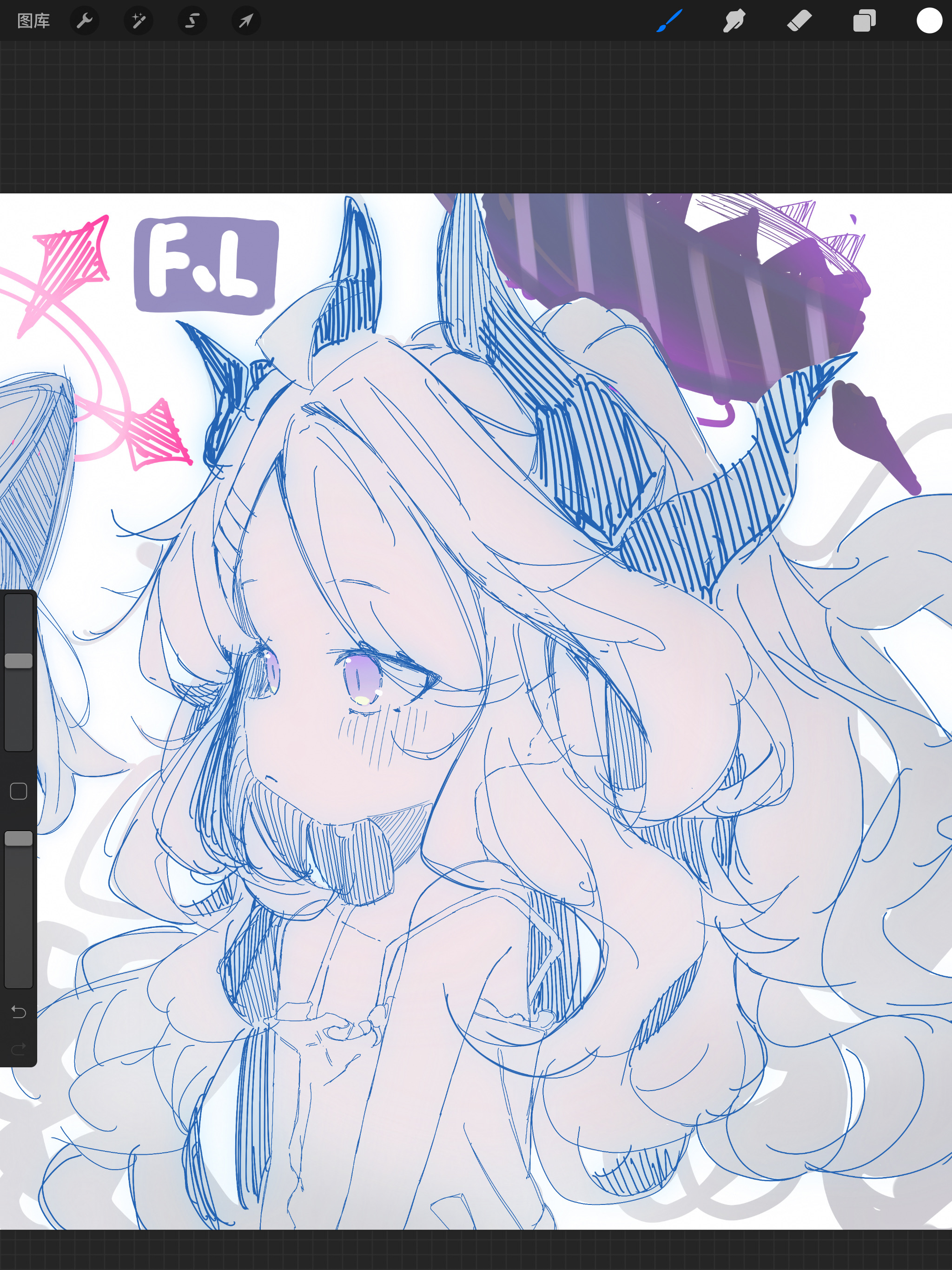 hina (blue archive), momoi (blue archive), blue archive, screencap, absurdres, chinese commentary, commentary request, highres, procreate (medium), 2girls, :<, ahoge, animal ears, art program in frame, artist name, bare shoulders, blush, camisole, cat ears, closed mouth, demon girl, demon horns, fake animal ears, fl-feiling, forehead, frilled camisole, frills, from side, halo, horns, long hair, monochrome, multiple girls, multiple horns, out of frame, parted bangs, pink halo, procreate (software), profile, purple eyes, purple halo, simple background, sketch, solo focus, spaghetti strap, spot color, strap slip, upper body, white background