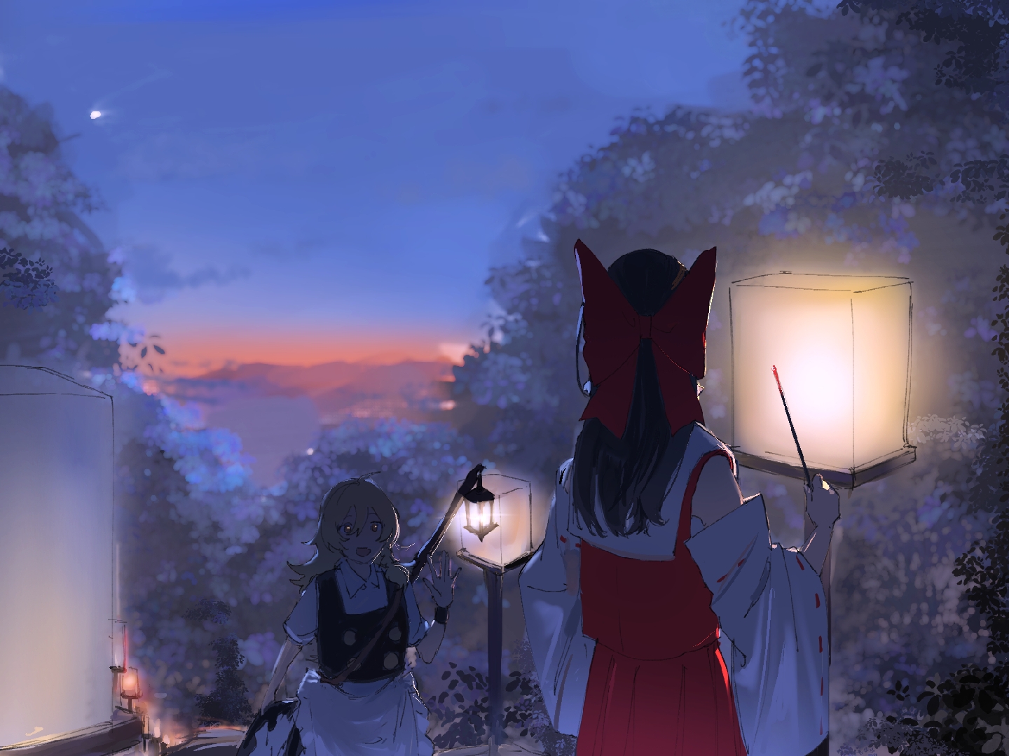 hakurei reimu, kirisame marisa, touhou, chinese commentary, commentary request, 2girls, apron, babaiwan fengchui, black skirt, black vest, blonde hair, bow, collared shirt, detached sleeves, facing away, from behind, hair bow, lantern, long hair, multiple girls, no headwear, open mouth, puffy short sleeves, puffy sleeves, red bow, ribbon-trimmed sleeves, ribbon trim, shirt, short sleeves, skirt, smile, vest, waist apron, waving, white apron, white shirt