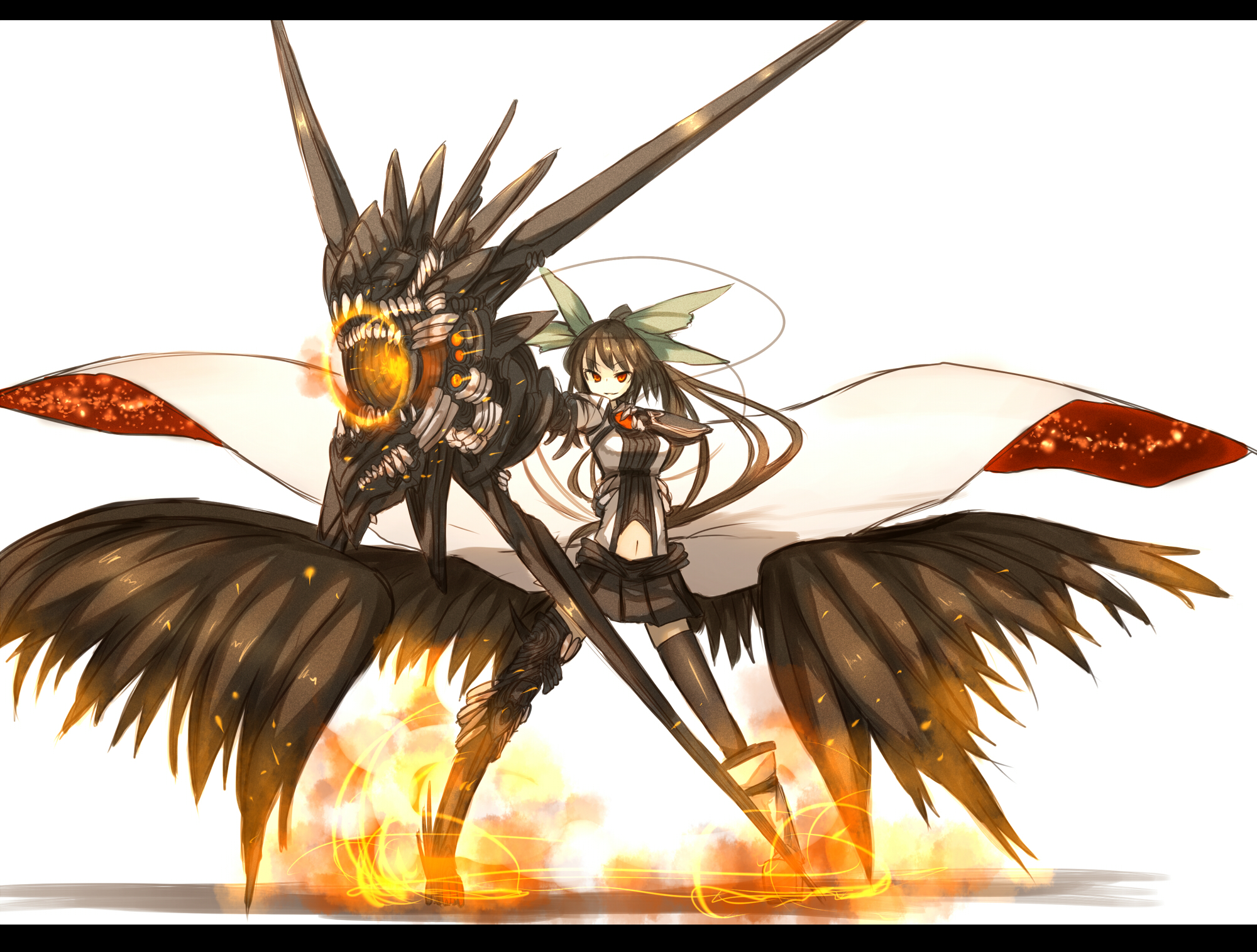 ganesagi, reiuji utsuho, touhou, bad id, bad pixiv id, highres, 1girl, alternate costume, alternate weapon, arm cannon, black hair, bow, female focus, fire, hair bow, hair ribbon, letterboxed, long hair, low wings, midriff, navel, radiation symbol, red eyes, ribbon, solo, thighhighs, weapon, wings, zettai ryouiki
