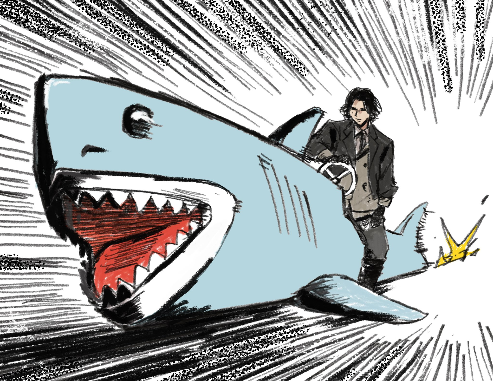 matomo, yonezu kenshi (person), real life, highres, black boots, black hair, boots, driving, iris out (song), nhk new years eve 2025, shark, sparks, unconventional vehicle