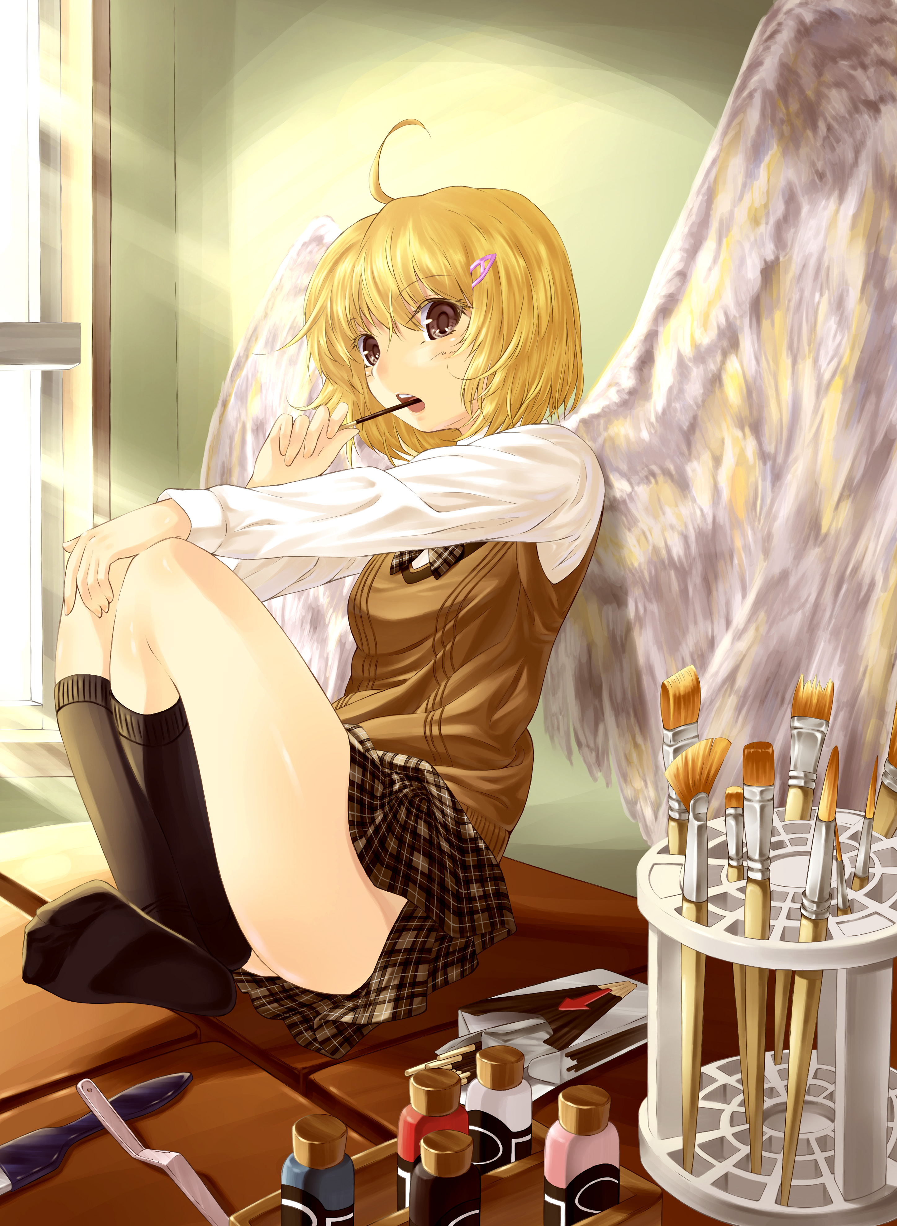 decchi oyabun, oekaki musume, original, absurdres, highres, 1girl, ahoge, angel wings, art brush, blonde hair, brown eyes, feet, female focus, food, no shoes, paintbrush, plaid clothes, plaid skirt, pocky, school uniform, short hair, skirt, socks, solo, wings