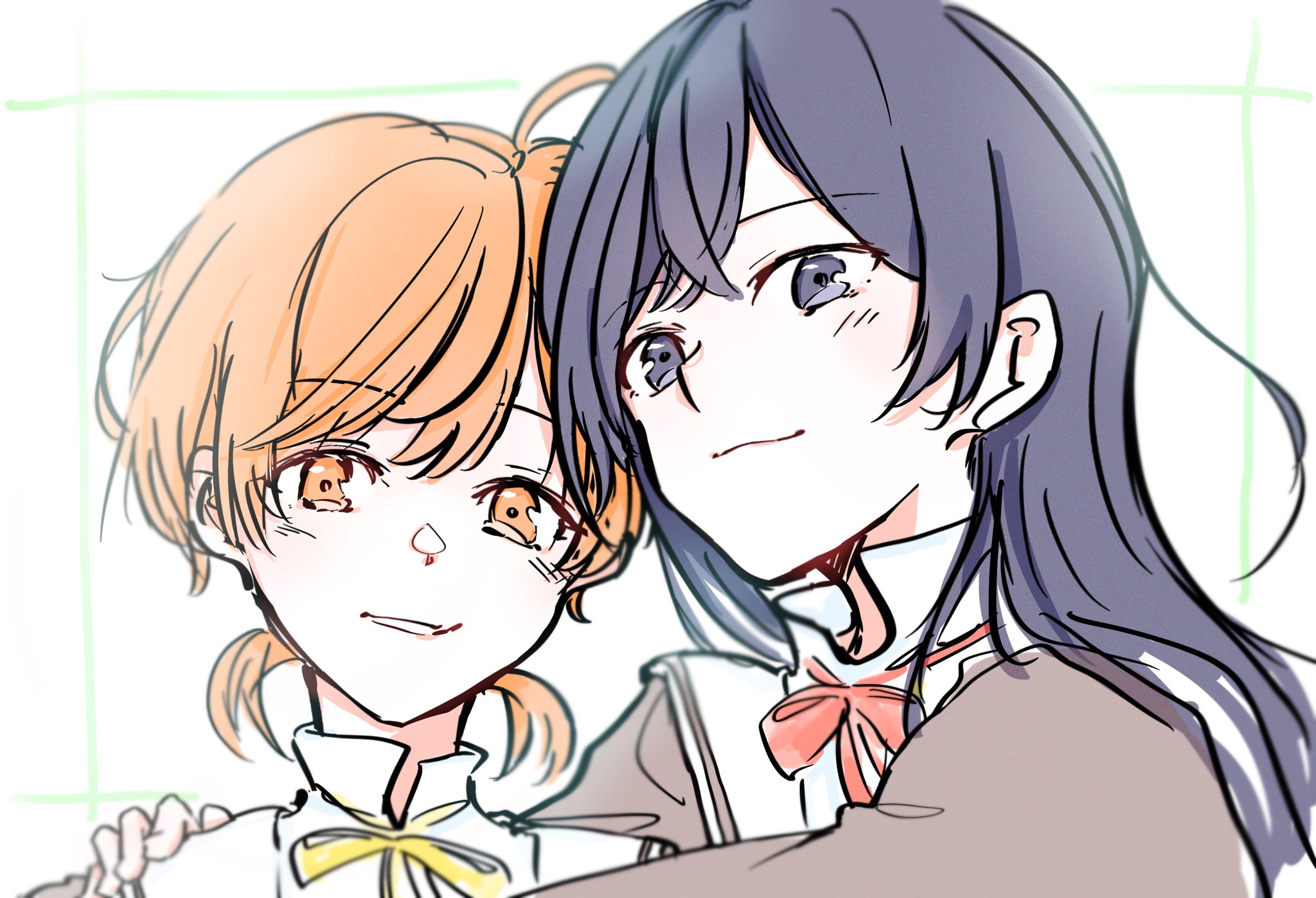 tasuku2218, koito yuu, nanami touko, yagate kimi ni naru, commentary request, highres, 2girls, ahoge, black eyes, black hair, closed mouth, long hair, low twintails, multiple girls, neck ribbon, open mouth, orange eyes, orange hair, portrait, red ribbon, ribbon, school uniform, short twintails, tohmi higashi high school uniform, twintails, yellow ribbon