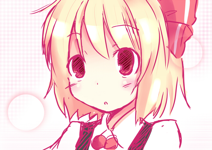 shichinose, rumia, embodiment of scarlet devil, touhou, 1girl, blonde hair, female focus, hair ribbon, red eyes, ribbon, short hair, solo