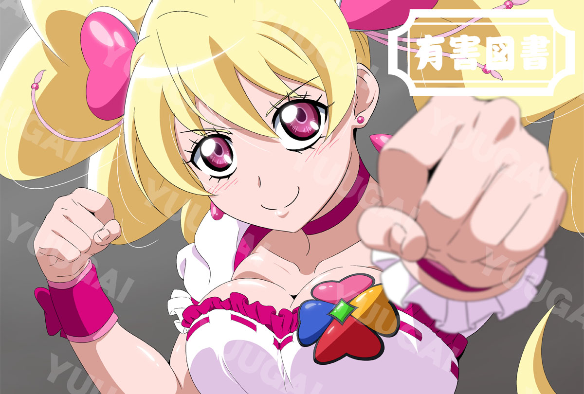 fuchi (nightmare), cure peach, momozono love, fresh precure!, precure, tagme, 1girl, blonde hair, breasts, cleavage, large breasts, looking at viewer