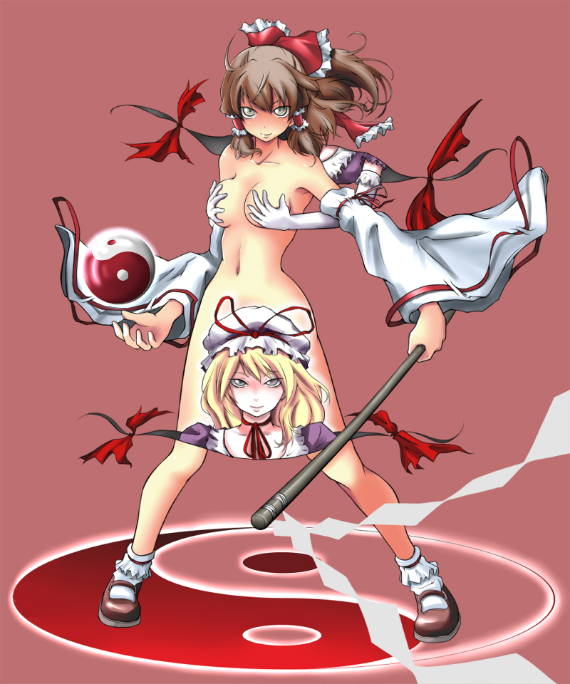 ao usagi, hakurei reimu, yakumo yukari, touhou, 2girls, blonde hair, blush, bow, breasts, brown hair, censored, convenient censoring, covering breasts, covering privates, detached sleeves, elbow gloves, female focus, gap (touhou), gloves, gohei, grabbing another's breast, groping, half updo, hat, legs, living clothes, long hair, medium breasts, multiple girls, navel, nude, portal (object), purple eyes, shide, standing, yin yang, yuri