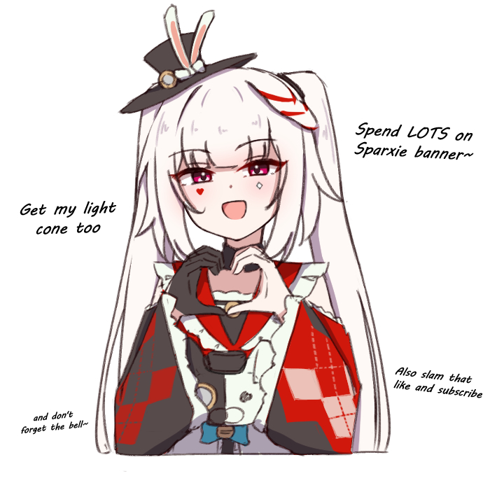 chirun0, sparkle (honkai: star rail), sparxie (honkai: star rail), honkai: star rail, honkai (series), commentary, english commentary, 1girl, :d, animal ears, braid, choker, clothing cutout, diamond (shape), diamond facial mark, english text, facial mark, frills, gloves, hat, heart, heart facial mark, heart hands, open mouth, pink eyes, rabbit ears, shoulder cutout, side braid, single glove, smile, twintails, upper body, white background, white hair