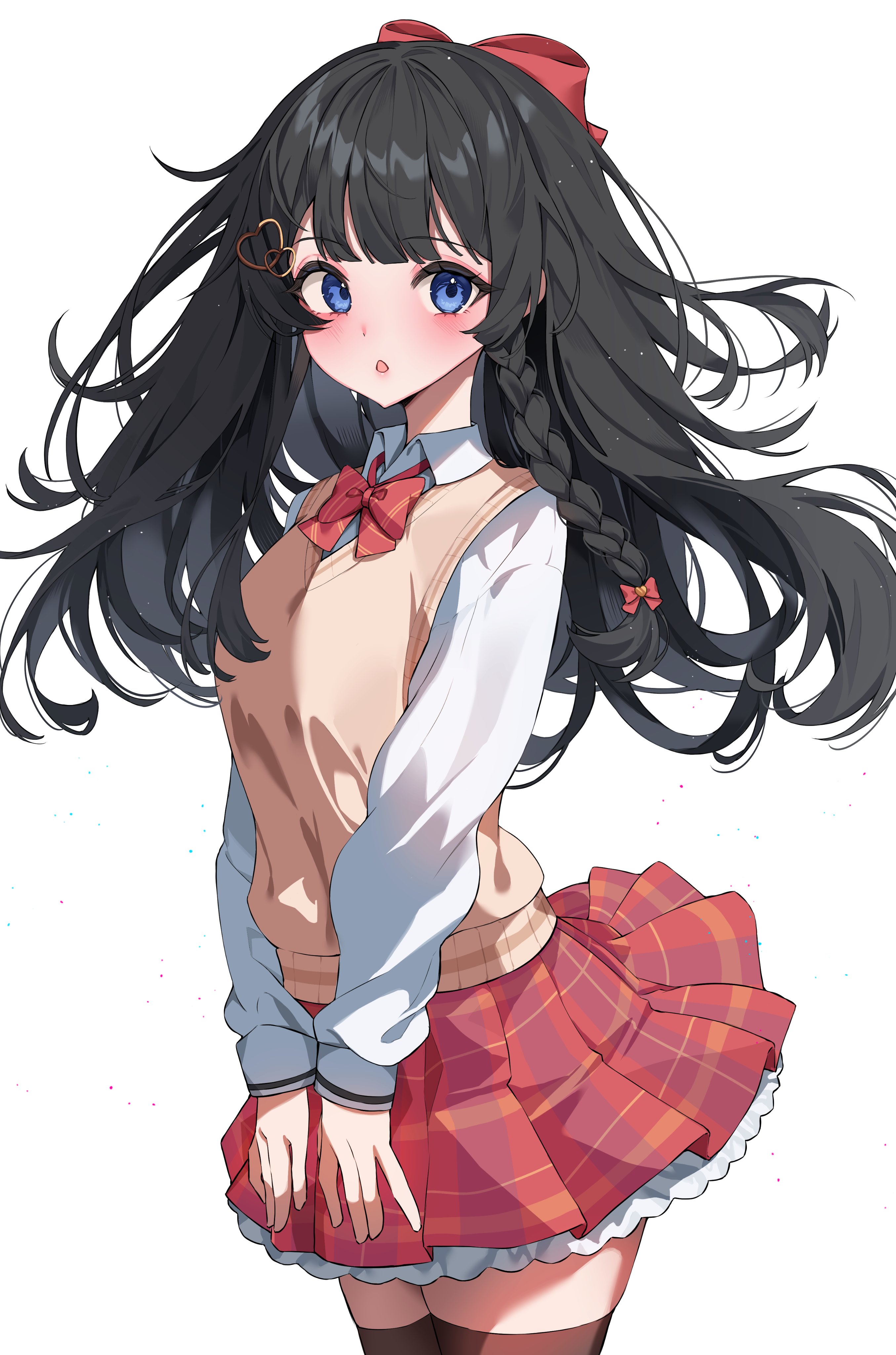 daimi 94, shirayuki hina, stellive, absurdres, hashtag-only commentary, highres, 1girl, :o, black hair, blue eyes, bow, bowtie, brown sweater vest, collared shirt, cowboy shot, diagonal-striped bow, floating hair, hair bow, hair ornament, heart, heart hair ornament, long hair, long sleeves, looking at viewer, parted lips, plaid clothes, plaid skirt, pleated skirt, red bow, red bowtie, red skirt, school uniform, shirt, skirt, solo, standing, striped bow, sweater vest, virtual youtuber, white shirt, wing collar
