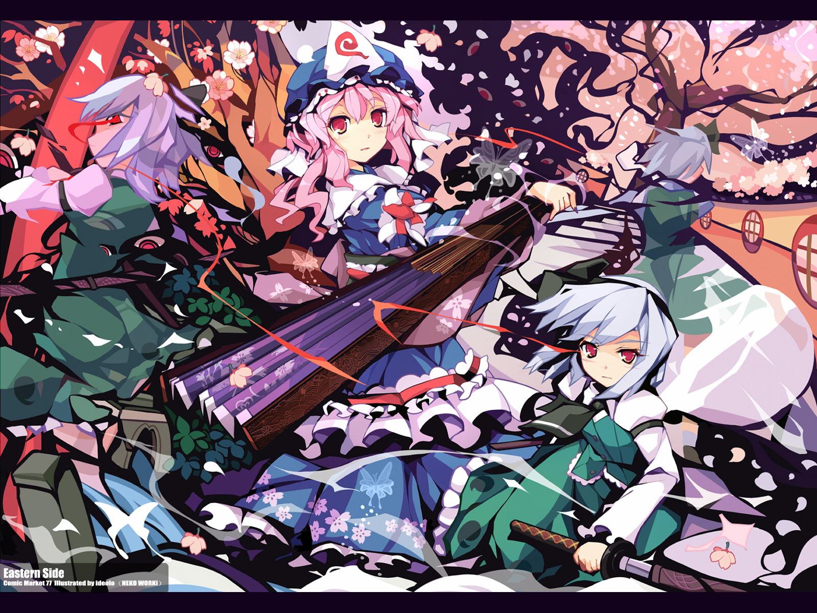 ideolo, konpaku youmu, konpaku youmu (ghost), saigyouji yuyuko, touhou, silver hair, highres, md5 mismatch, 2girls, bug, butterfly, cherry blossoms, clone, female focus, floral print, flower, folded fan, folding fan, ghost, hairband, hand fan, hat, japanese clothes, katana, multiple girls, orange eyes, pink hair, red eyes, short hair, stairs, sword, weapon