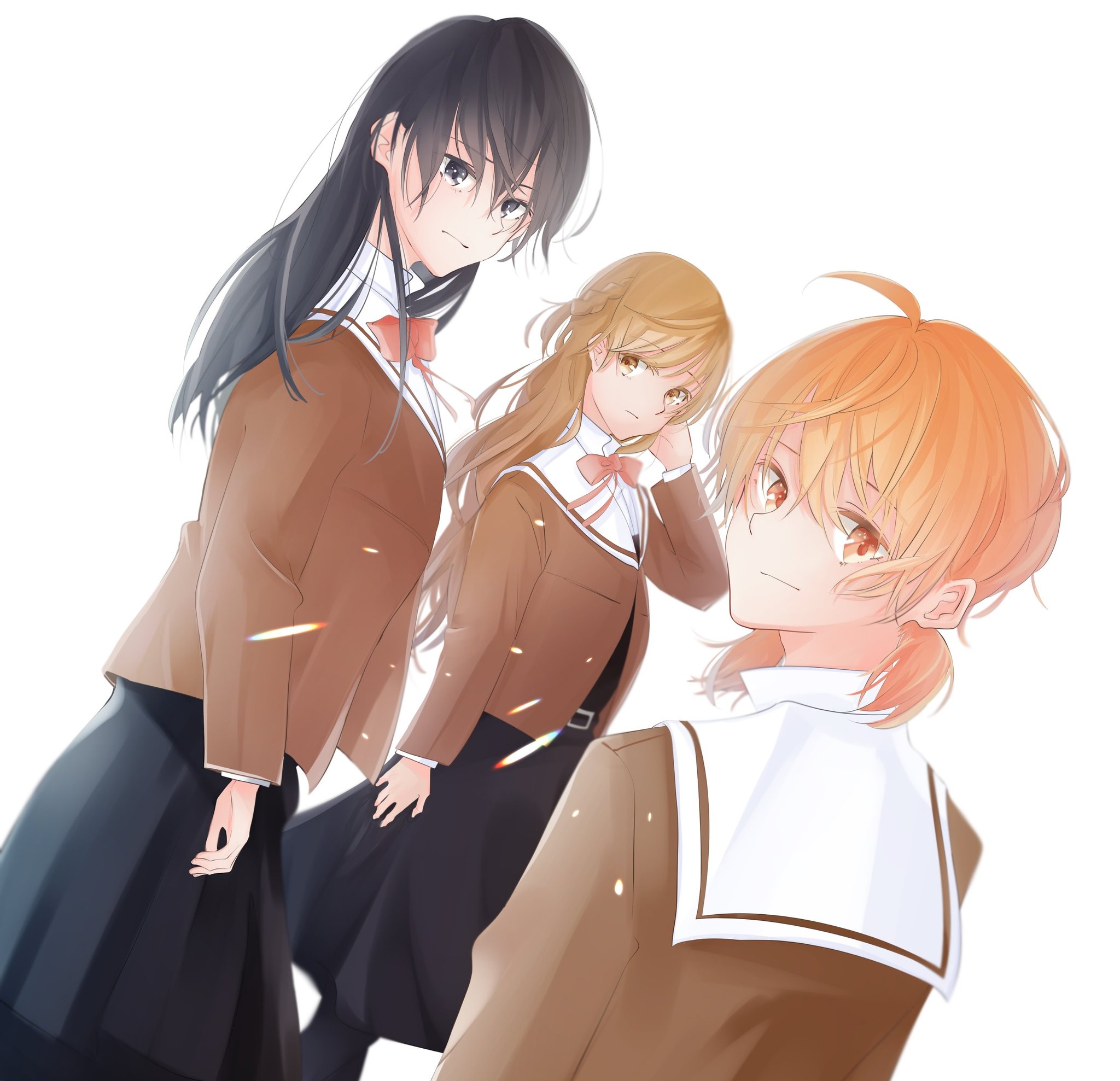 tasuku2218, koito yuu, nanami touko, saeki sayaka, yagate kimi ni naru, commentary request, highres, 3girls, ahoge, black dress, black eyes, black hair, brown eyes, brown hair, brown shirt, dress, long hair, low twintails, multiple girls, neck ribbon, orange eyes, orange hair, pinafore dress, red ribbon, ribbon, sailor collar, school uniform, shirt, short hair, short twintails, simple background, sleeveless, sleeveless dress, tohmi higashi high school uniform, twintails, white background, white sailor collar