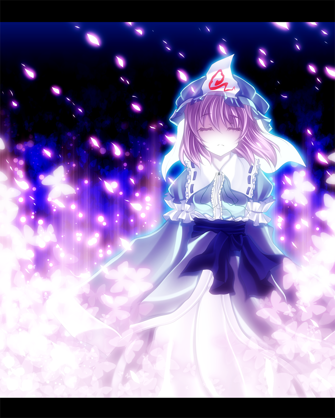 kiyomin, saigyouji yuyuko, touhou, highres, 1girl, bug, butterfly, closed eyes, dress, eyelashes, female focus, glowing, gradient background, hat, insect, japanese clothes, letterboxed, no nose, petals, pink hair, short hair, solo, standing