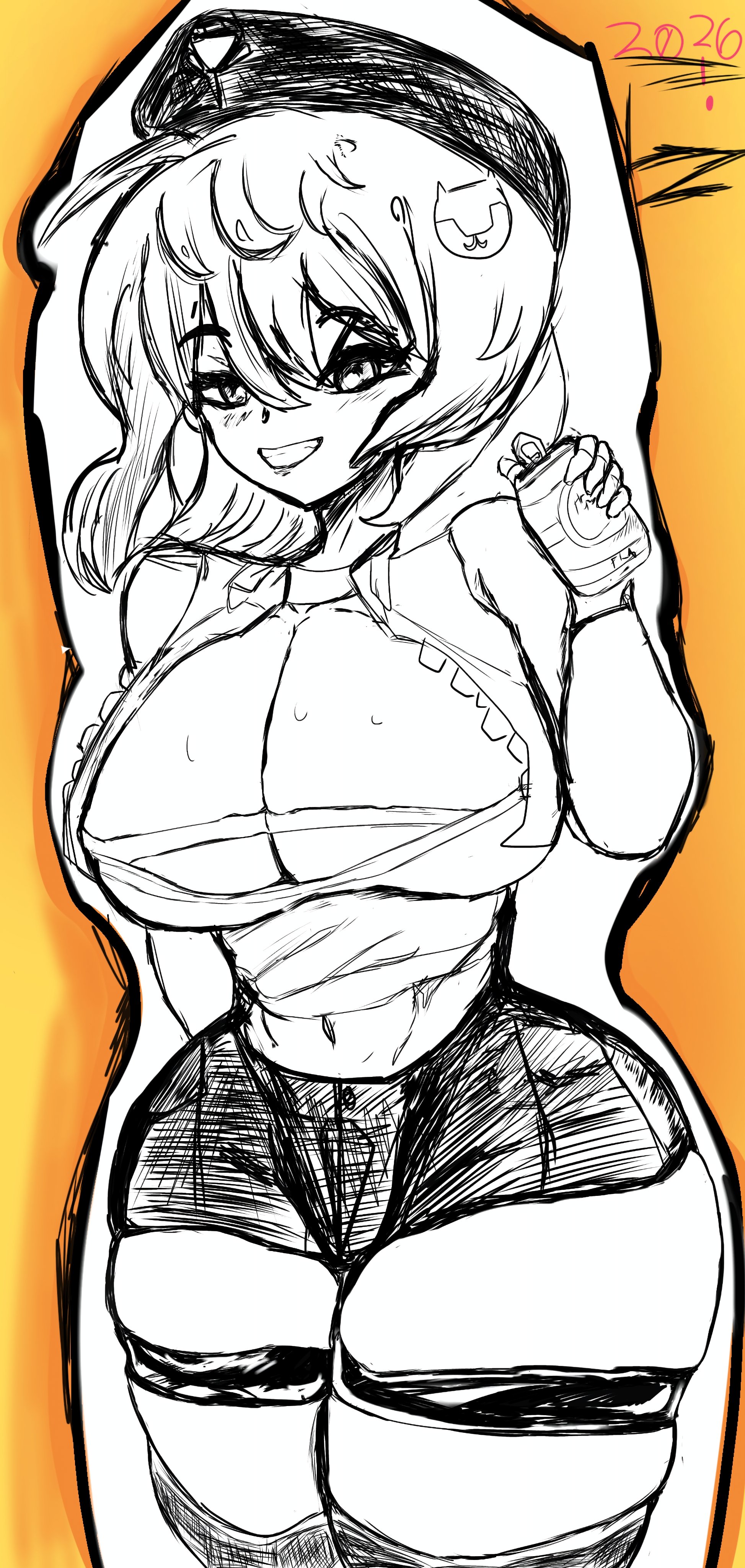 luzennon, anis (nikke), goddess of victory: nikke, absurdres, highres, ass, breasts, can, hair ornament, hairpin, hat, holding, holding can, huge ass, huge breasts, shorts, sketch, smile, thick thighs, thighhighs, thighs