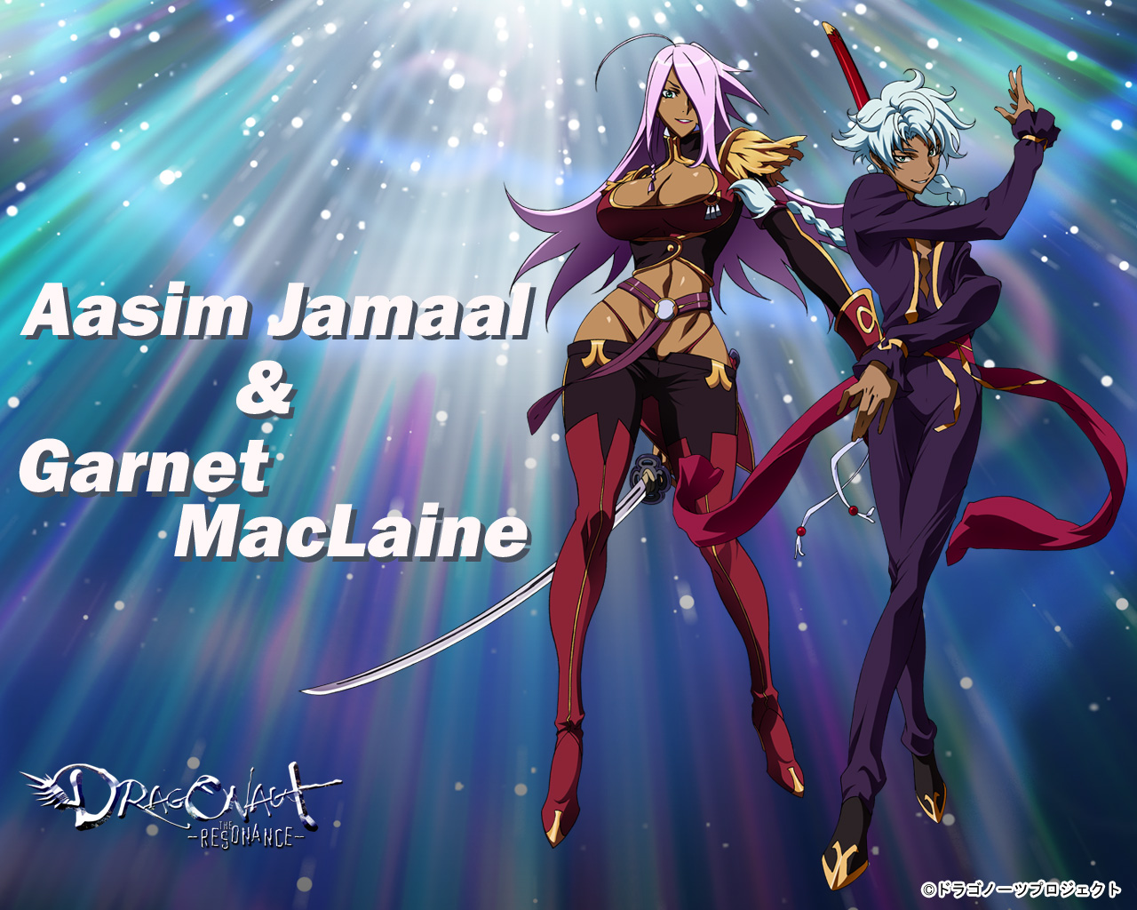 asim jamaru, garnet mclane, dragonaut, black footwear, red footwear, official art, 00s, 1boy, 1girl, ahoge, blue hair, boots, braid, braided ponytail, breasts, character name, cleavage, copyright name, copyright notice, dark-skinned female, dark-skinned male, dark skin, epaulettes, facing viewer, full body, green eyes, hair over one eye, huge breasts, katana, large breasts, lipstick, long hair, looking at viewer, lowleg, lowleg pants, makeup, midriff, navel, panties, pants, parted lips, pink hair, revealing clothes, smile, standing, sword, thigh boots, thighhighs, thong, underwear, weapon, whale tail (clothing)