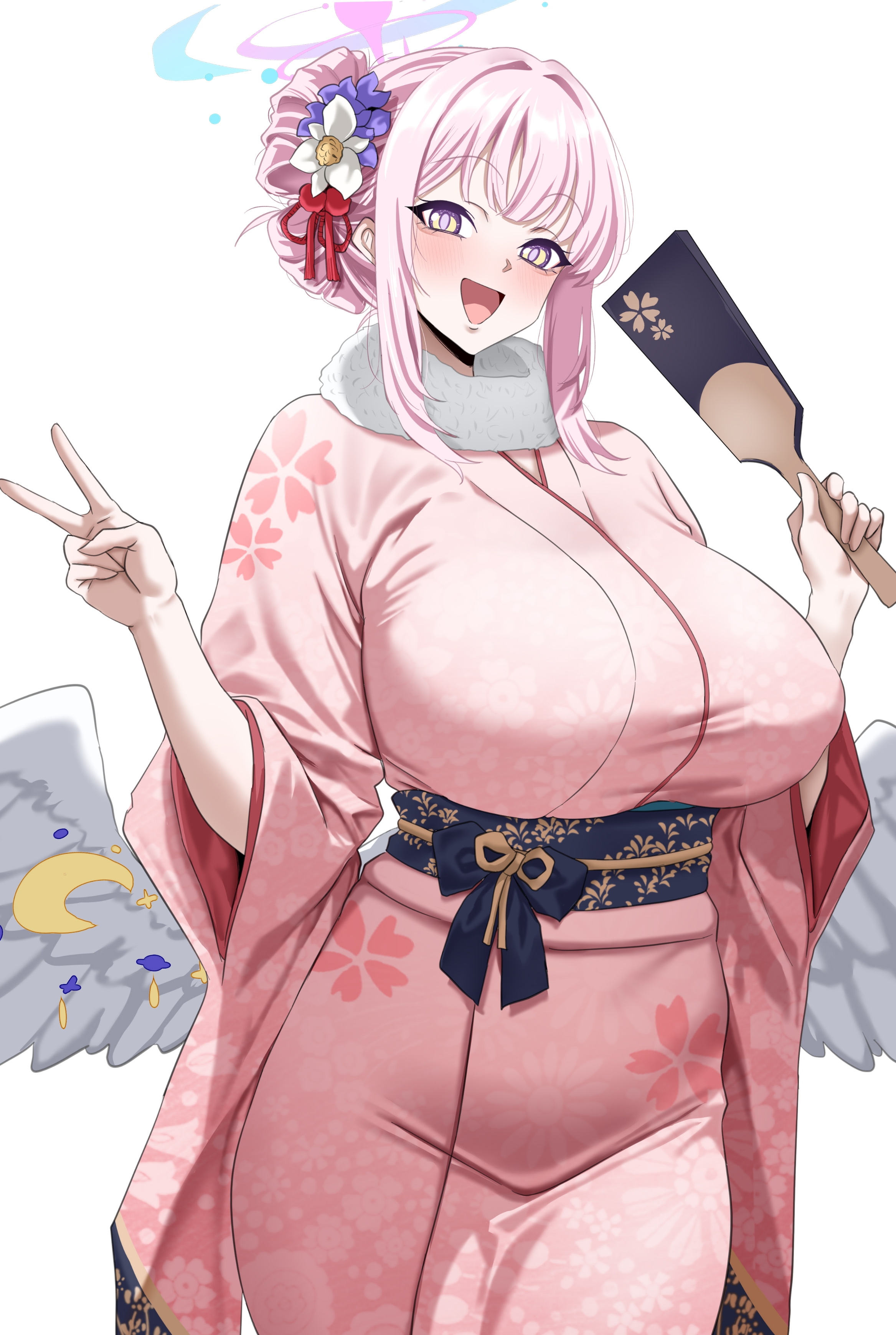 woo (woosan), mika (blue archive), blue archive, absurdres, highres, 1girl, 2026, alternate breast size (larger), alternate costume, alternate hairstyle, blush, breasts, floral print, hagoita, halo, happy new year, holding, holding paddle, huge breasts, japanese clothes, kimono, long sidelocks, looking at viewer, low wings, multicolored halo, new year, obi, paddle, pink hair, pink halo, pink kimono, print kimono, sash, sidelocks, solo, v, white wings, wide sleeves, wing ornament, wings