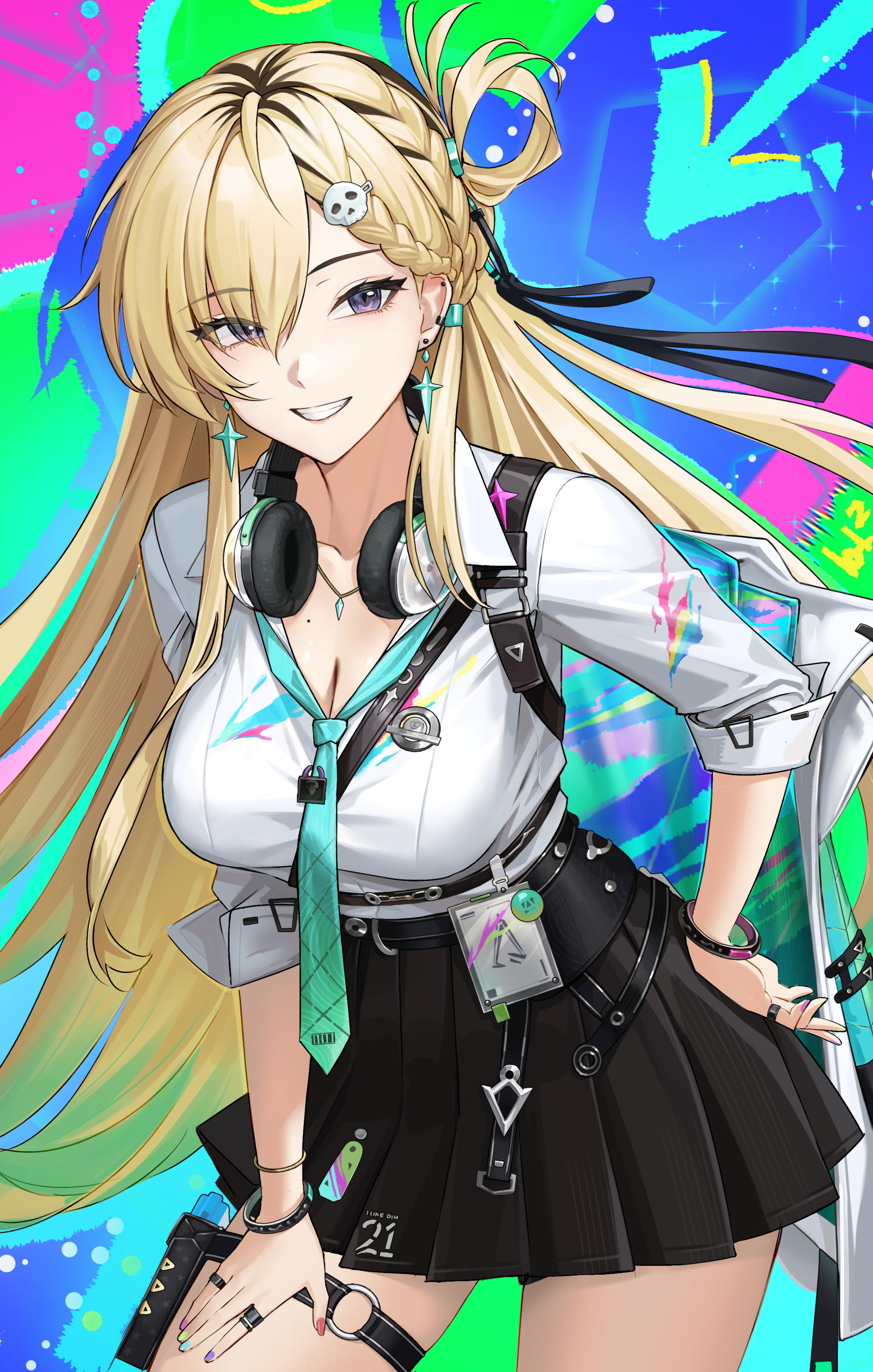 iqbqlz, lynae (wuthering waves), wuthering waves, absurdres, commentary, english commentary, highres, 1girl, aqua necktie, black skirt, blonde hair, braid, braided bangs, breasts, cleavage, collarbone, earrings, grin, hair ornament, hand on own hip, headphones, headphones around neck, id card, jacket, jewelry, large breasts, long hair, looking at viewer, mole, mole on neck, multicolored hair, multicolored nails, nail polish, necklace, necktie, purple eyes, shirt, shirt tucked in, skirt, skull hair ornament, smile, solo, star (symbol), star earrings, streaked hair, very long hair, white jacket, white shirt