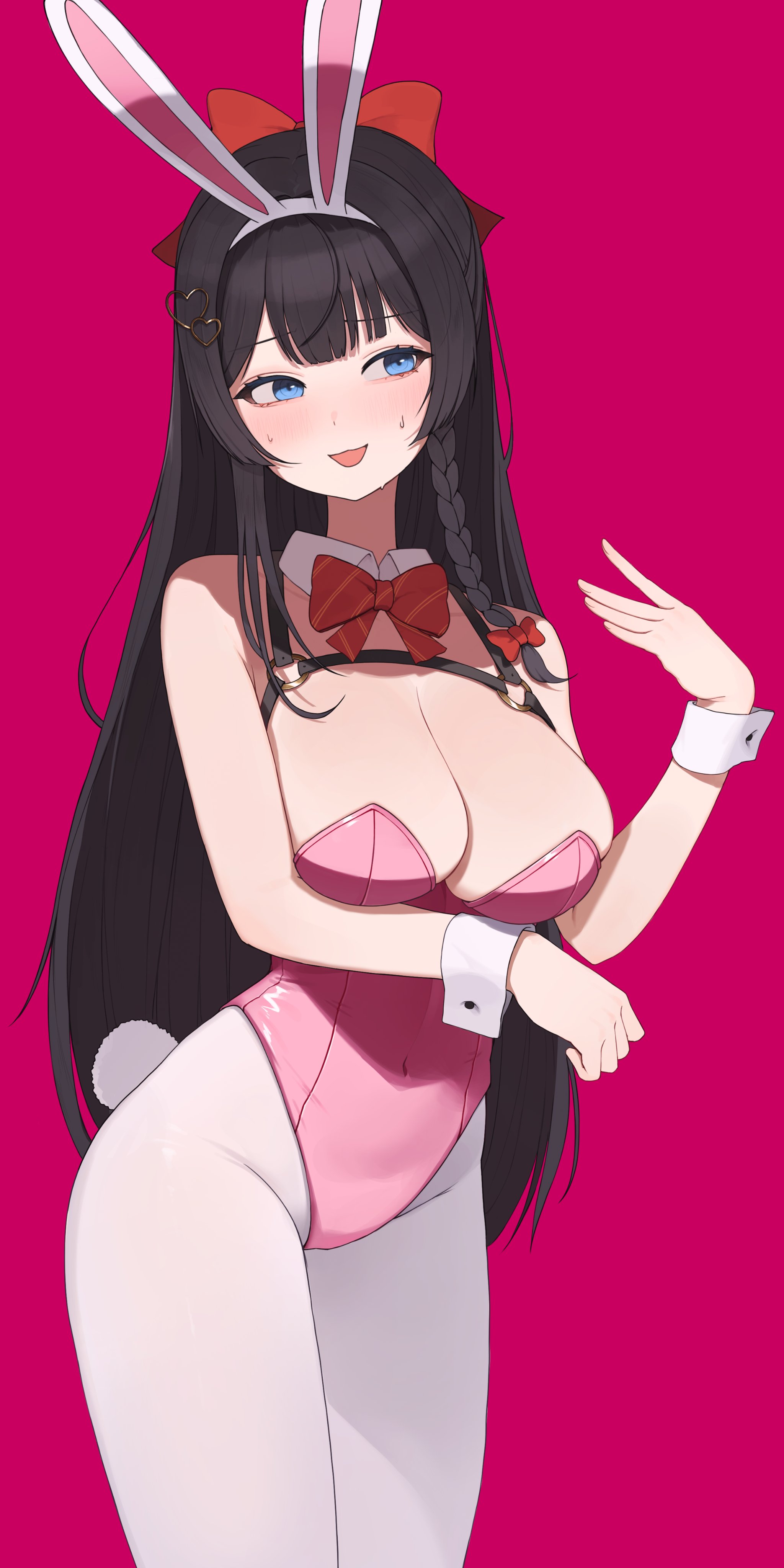 seuhu, shirayuki hina, stellive, absurdres, hashtag-only commentary, highres, jpeg artifacts, variant set, 1girl, animal ear hairband, animal ears, averting eyes, black hair, blue eyes, bow, bowtie, breasts, cleavage, covered navel, cowboy shot, diagonal-striped bow, diagonal-striped bowtie, diagonal-striped clothes, fake animal ears, fake tail, hair bow, hair ornament, hairband, hand up, heart, heart hair ornament, hiphighs, large breasts, leotard, long hair, nervous smile, open mouth, pink background, pink leotard, playboy bunny, rabbit ear hairband, rabbit ears, rabbit tail, red bow, red bowtie, smile, solo, standing, straight hair, strapless, strapless leotard, striped bow, striped bowtie, striped clothes, sweat, tail, very long hair, virtual youtuber, white hairband, white hiphighs, white wrist cuffs, wrist cuffs