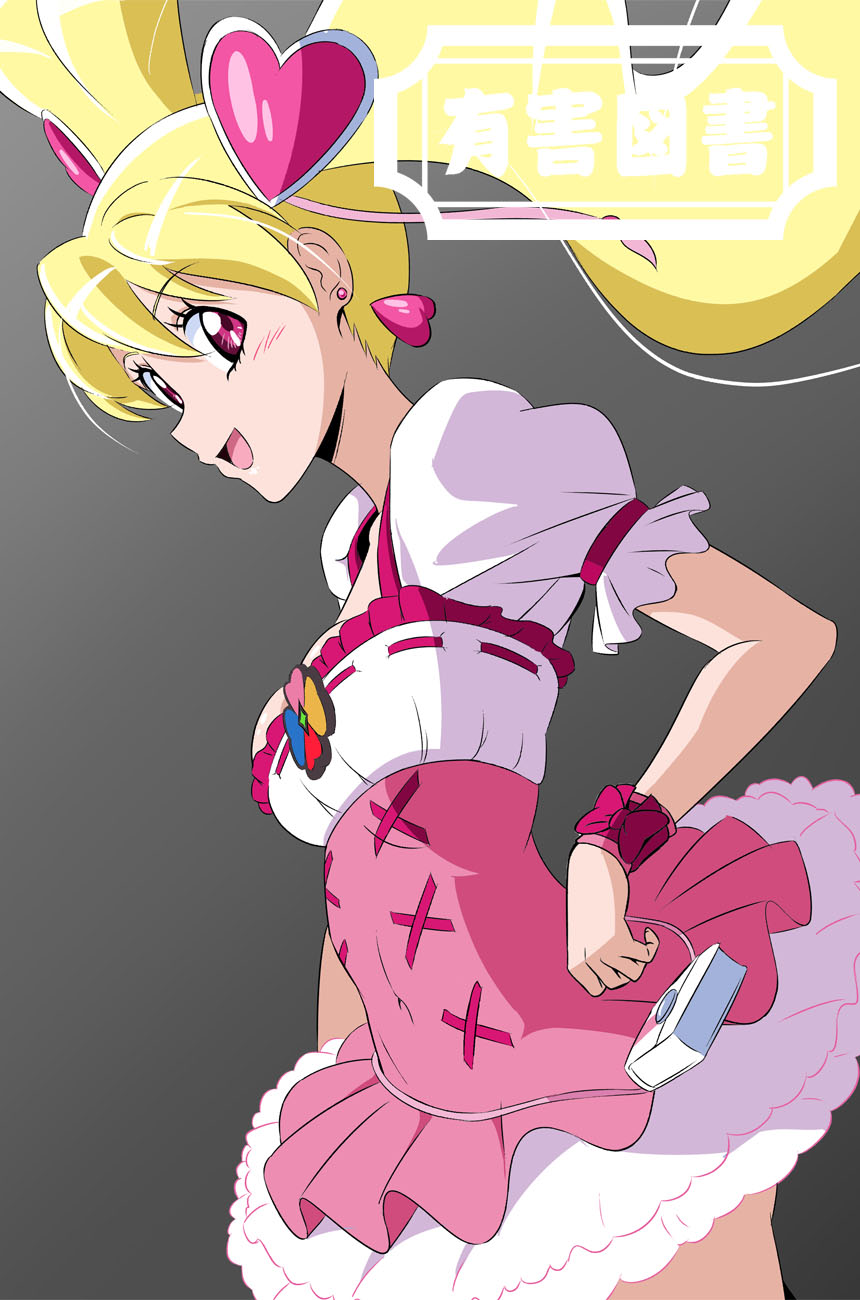 fuchi (nightmare), cure peach, momozono love, fresh precure!, precure, highres, tagme, 1girl, blonde hair, bracelet, dress, jewelry