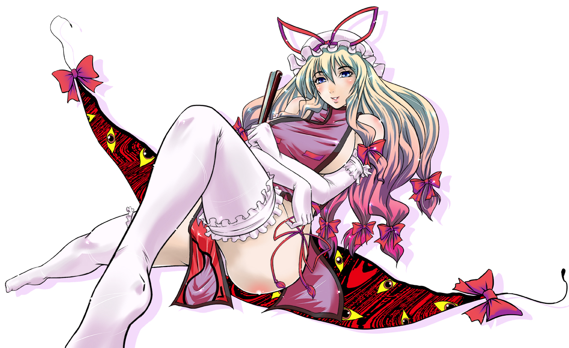 amanogami dai, amanogamidai, yakumo yukari, touhou, 1girl, blonde hair, elbow gloves, female focus, gap (touhou), gloves, hat, long hair, purple eyes, solo, thighhighs, white gloves