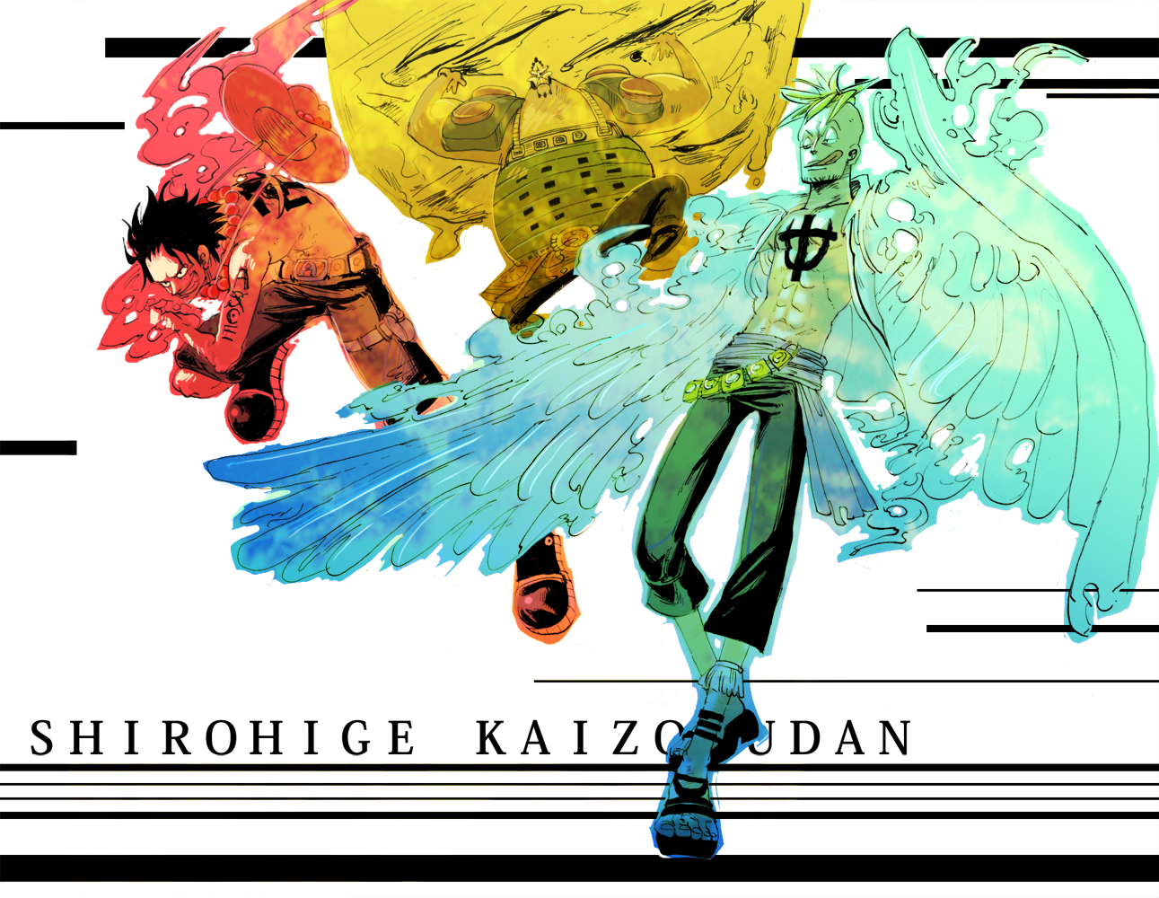 kny, kny (puranaria002), puranaria002, jozu (one piece), marco (one piece), portgas d. ace, one piece, 3boys, :d, abs, armor, belt, bird, black hair, blonde hair, blue fire, boots, carrying, facial hair, fiery wings, fire, hat, jewelry, jozz, male focus, multiple boys, necklace, open clothes, open mouth, open shirt, phoenix, sandals, sash, shirt, smile, stubble, tattoo, topless male, transformation, wings