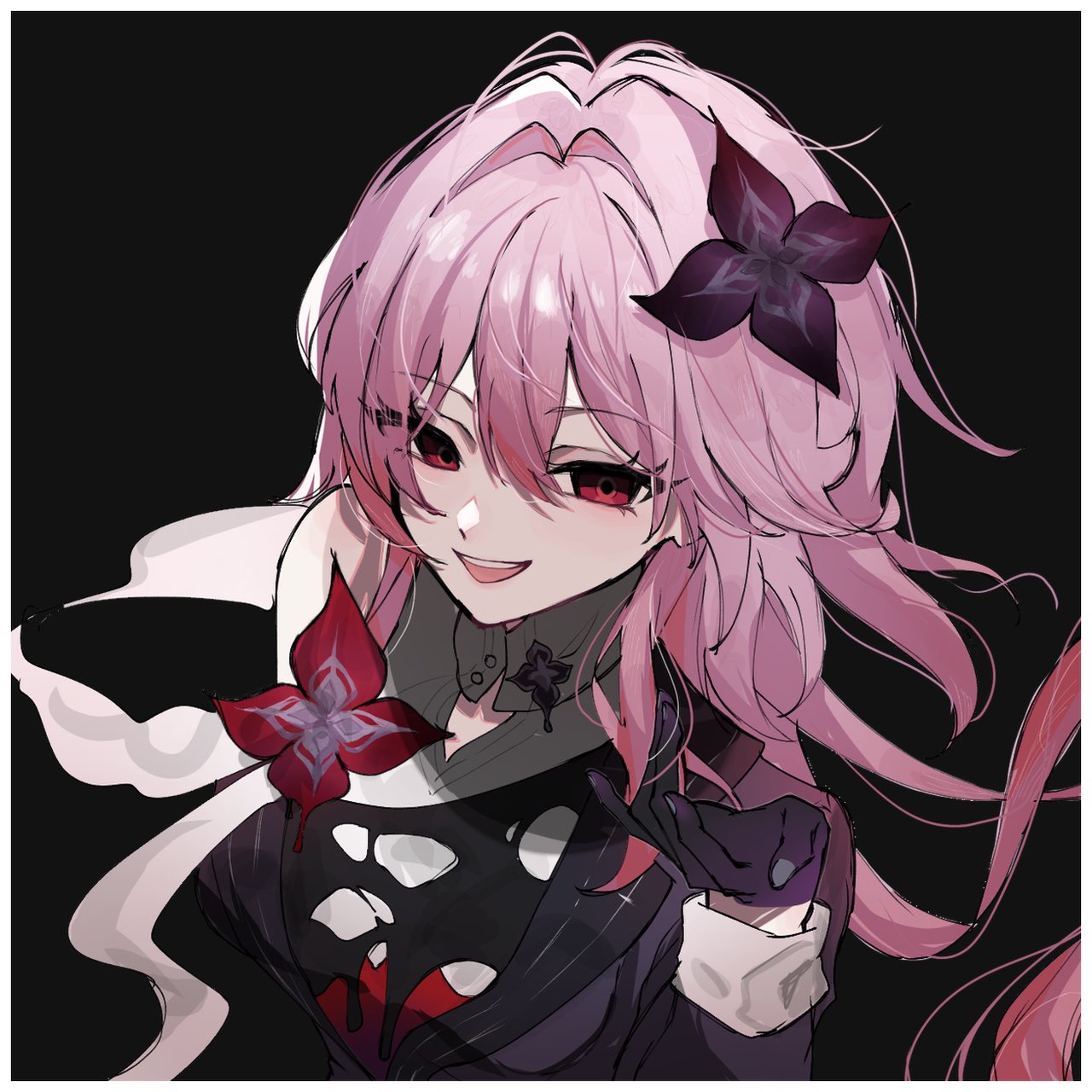 yunoji (onigiri yumi09), evernight (honkai: star rail), march 7th (honkai: star rail), honkai: star rail, honkai (series), highres, 1girl, black background, black flower, black gloves, border, flower, gloves, hair flower, hair ornament, looking at viewer, pink hair, red flower, smile, solo, teeth, upper teeth only, white border