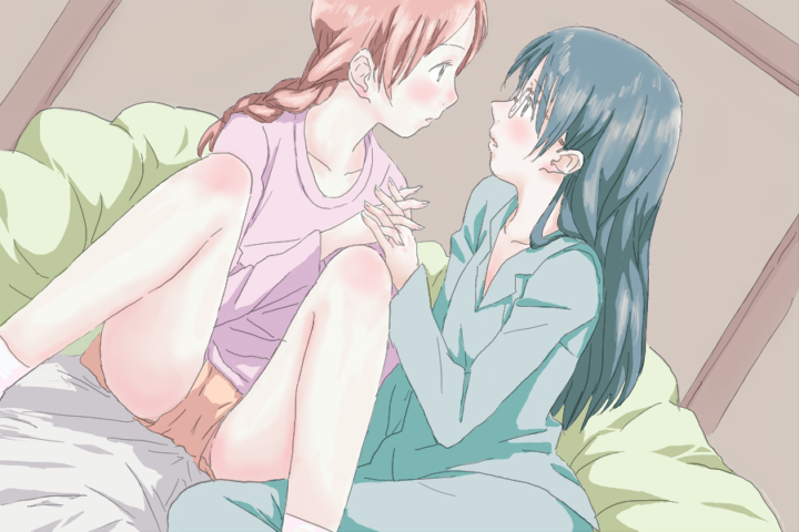 kaminemu, manjoume fumi, okudaira akira, aoi hana, 00s, 2girls, bed, blush, braid, eye contact, glasses, holding hands, long hair, looking at another, multiple girls, pajamas, sitting, twintails, yuri