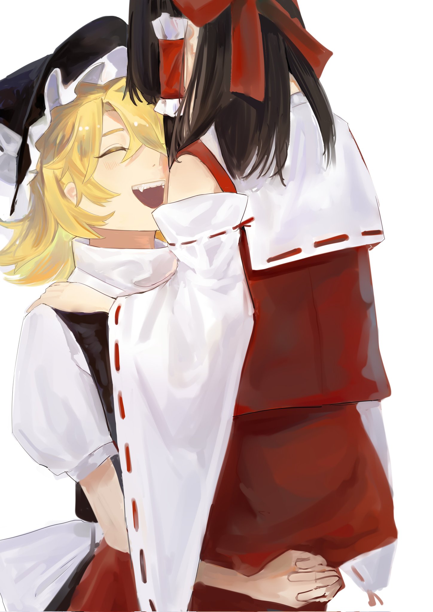 hakurei reimu, kirisame marisa, touhou, commentary, corrupted twitter file, hashtag-only commentary, highres, 2girls, babaiwan fengchui, black hat, black vest, blonde hair, bow, brown hair, carrying, carrying person, closed eyes, detached sleeves, frilled hair tubes, frills, hair bow, hair tubes, hat, hug carry, interlocked fingers, long hair, multiple girls, open mouth, own hands together, red bow, red skirt, ribbon-trimmed sleeves, ribbon trim, short sleeves, simple background, skirt, skirt set, smile, teeth, upper teeth only, vest, white background, witch hat, yuri