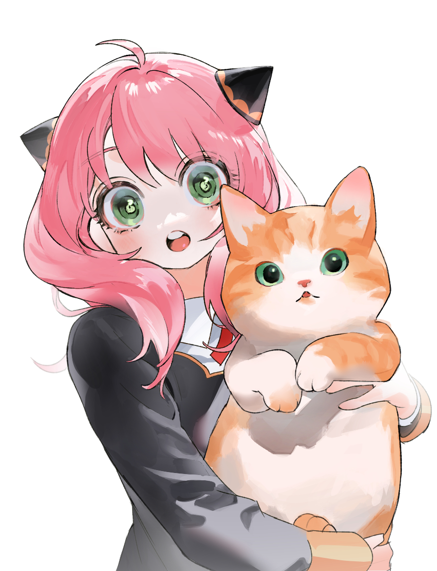 sil435, anya (spy x family), spy x family, 1girl, aged up, animal, black dress, cat, dress, eden academy school uniform, green eyes, hairpods, holding, holding animal, long hair, multicolored fur, open mouth, orange fur, pink hair, school uniform, solo, teeth, tongue