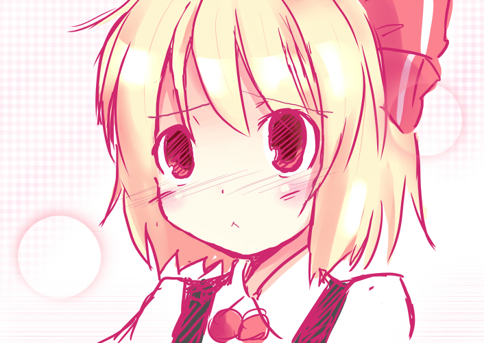 shichinose, rumia, embodiment of scarlet devil, touhou, 1girl, :<, blonde hair, blush, female focus, hair ribbon, red eyes, ribbon, short hair, solo