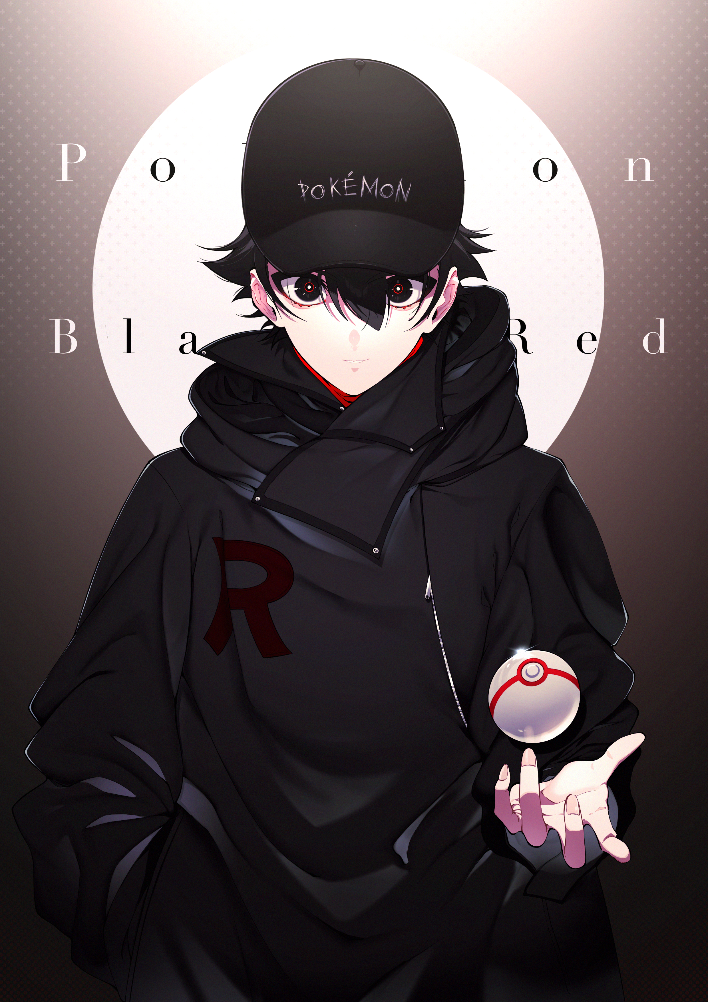 u tei, red (pokemon), nintendo, pokemon, pokemon rgby, absurdres, commentary request, highres, 1boy, baseball cap, black coat, black hair, black hat, bright pupils, coat, eyelashes, hair between eyes, hand in pocket, hat, holding, holding poke ball, male focus, parted lips, poke ball, pokemon (creature), premier ball, short hair, solo, team rocket, upper body, white pupils
