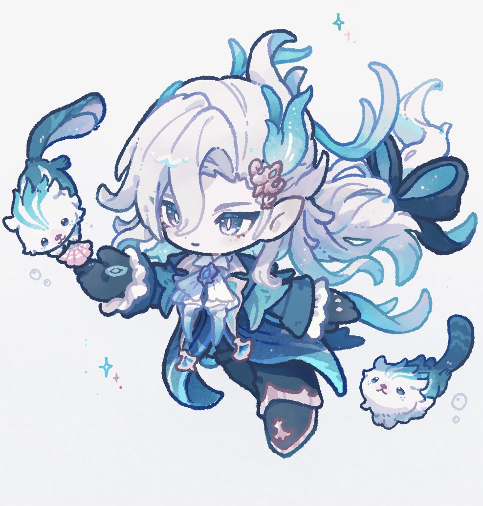 harukui, neuvillette (genshin impact), genshin impact, commentary, 1boy, black gloves, black jacket, black pants, black shoes, blue eyes, bright pupils, chibi, chibi only, closed mouth, frilled sleeves, frills, full body, gloves, hair between eyes, jacket, long hair, long sleeves, male focus, pants, shoes, simple background, smile, solo, white background, white hair, white pupils